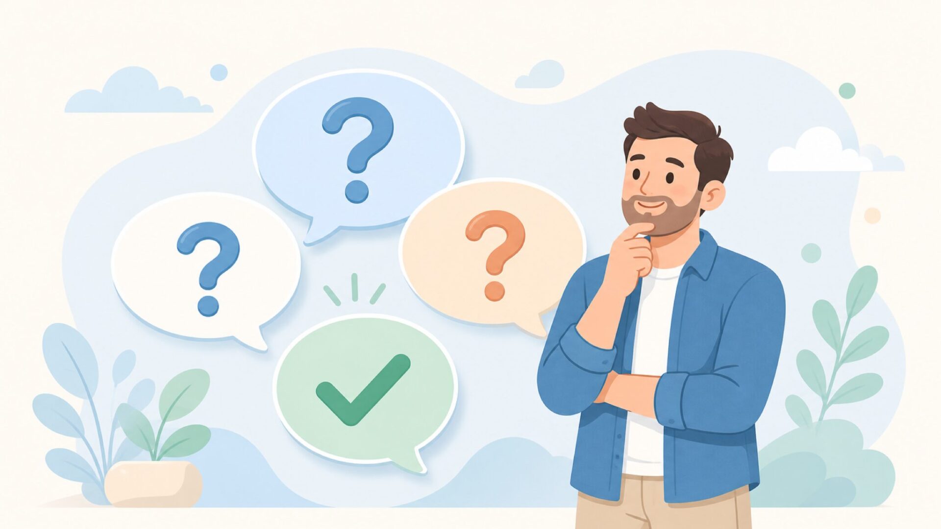 疑問の吹き出しと回答チェックマークが並ぶFAQのイラスト