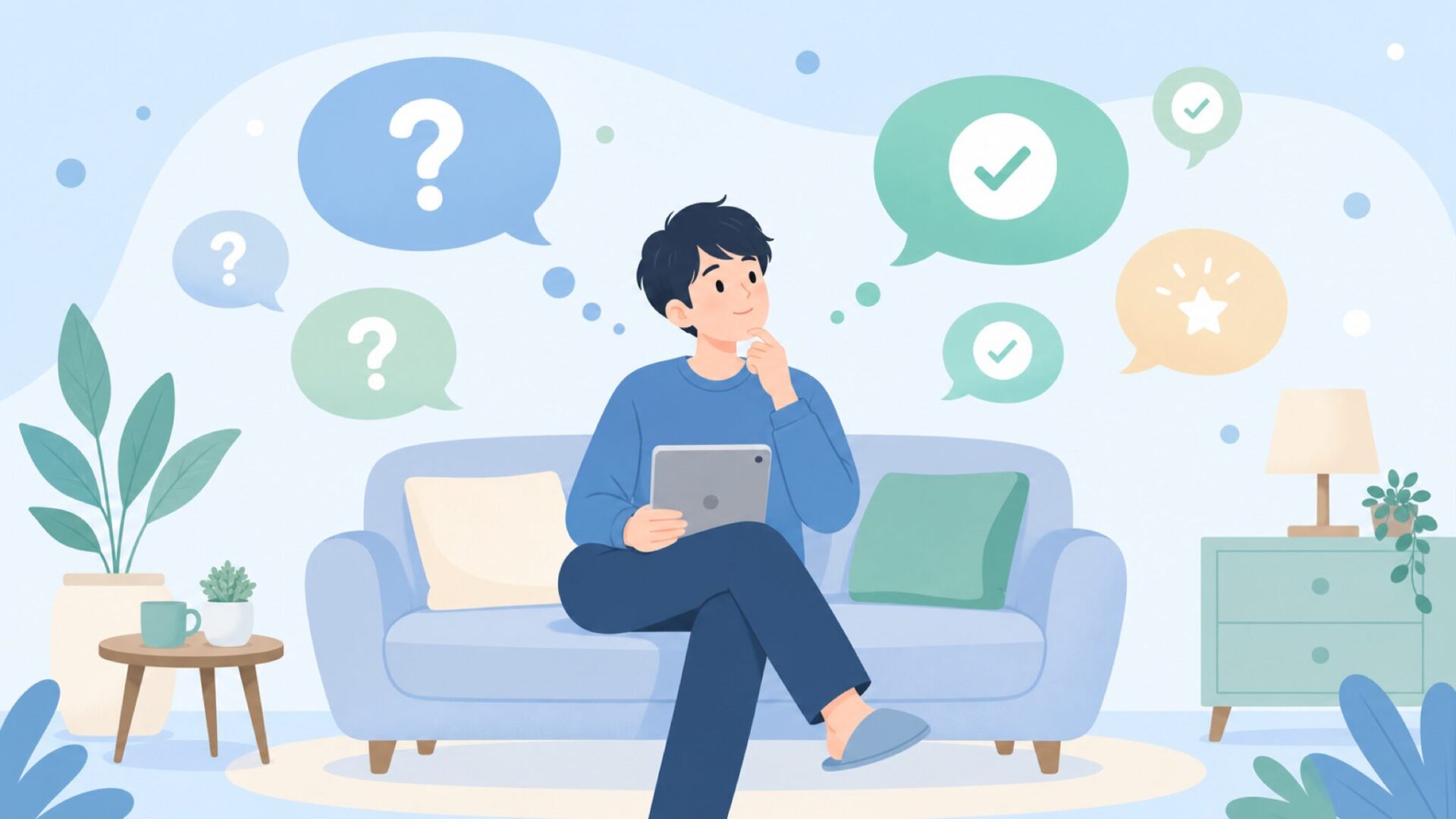 質問と回答の吹き出しに囲まれた読者を表すFAQセクションのイラスト