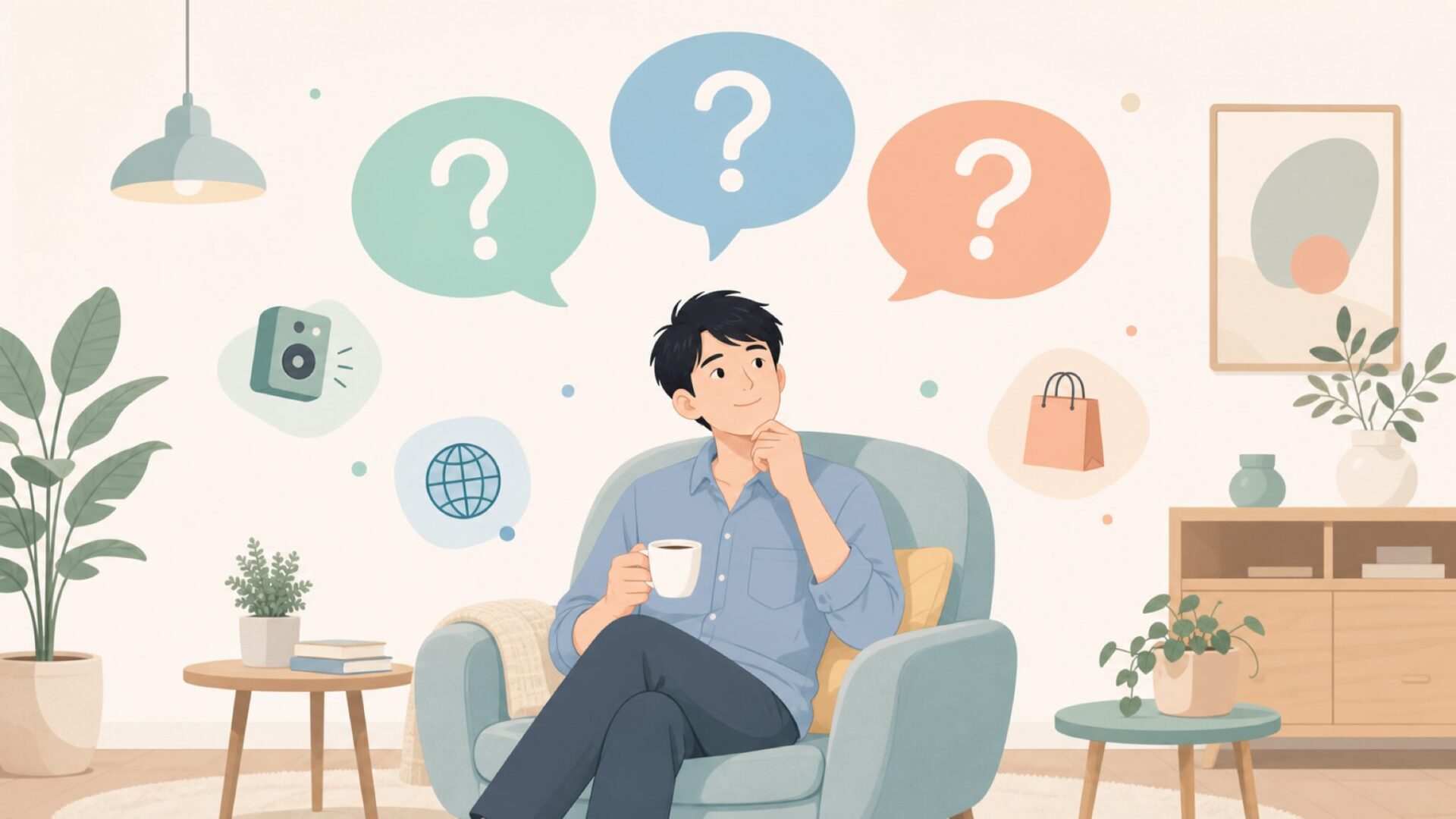 3つの質問マークと考えるペルソナのリラックスしたイラスト