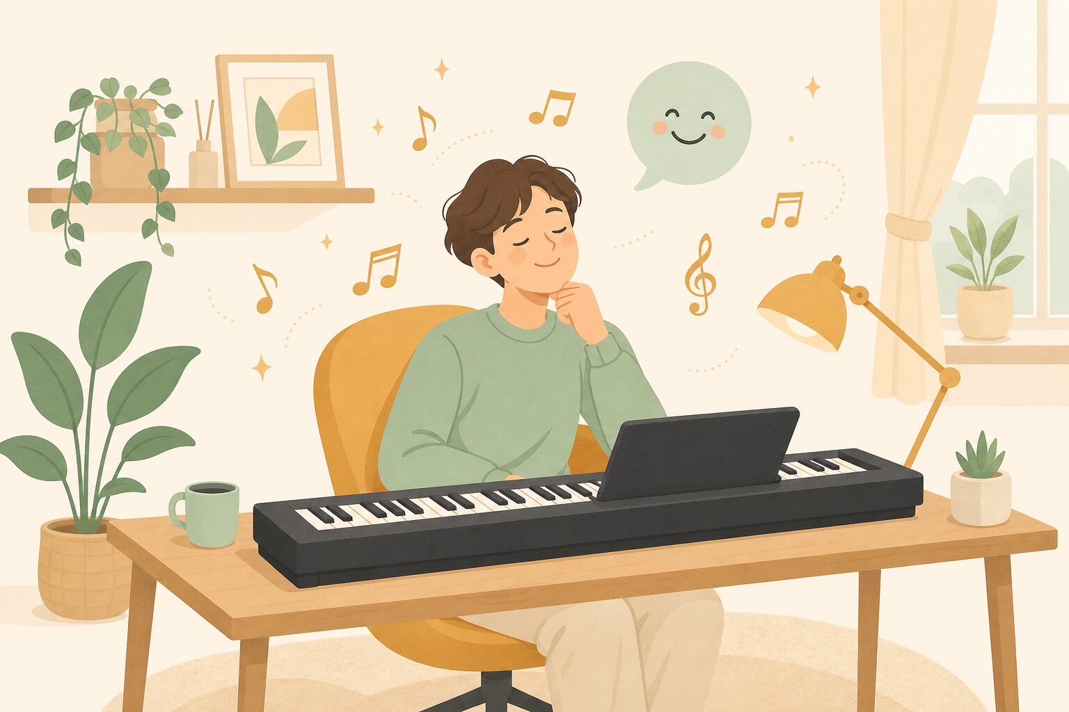 満足して電子ピアノを弾いている人のイラスト