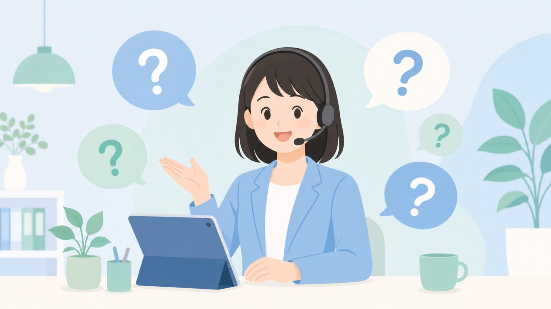 ヘッドセットをつけた日本語サポートスタッフがQ&Aに答えるイラスト