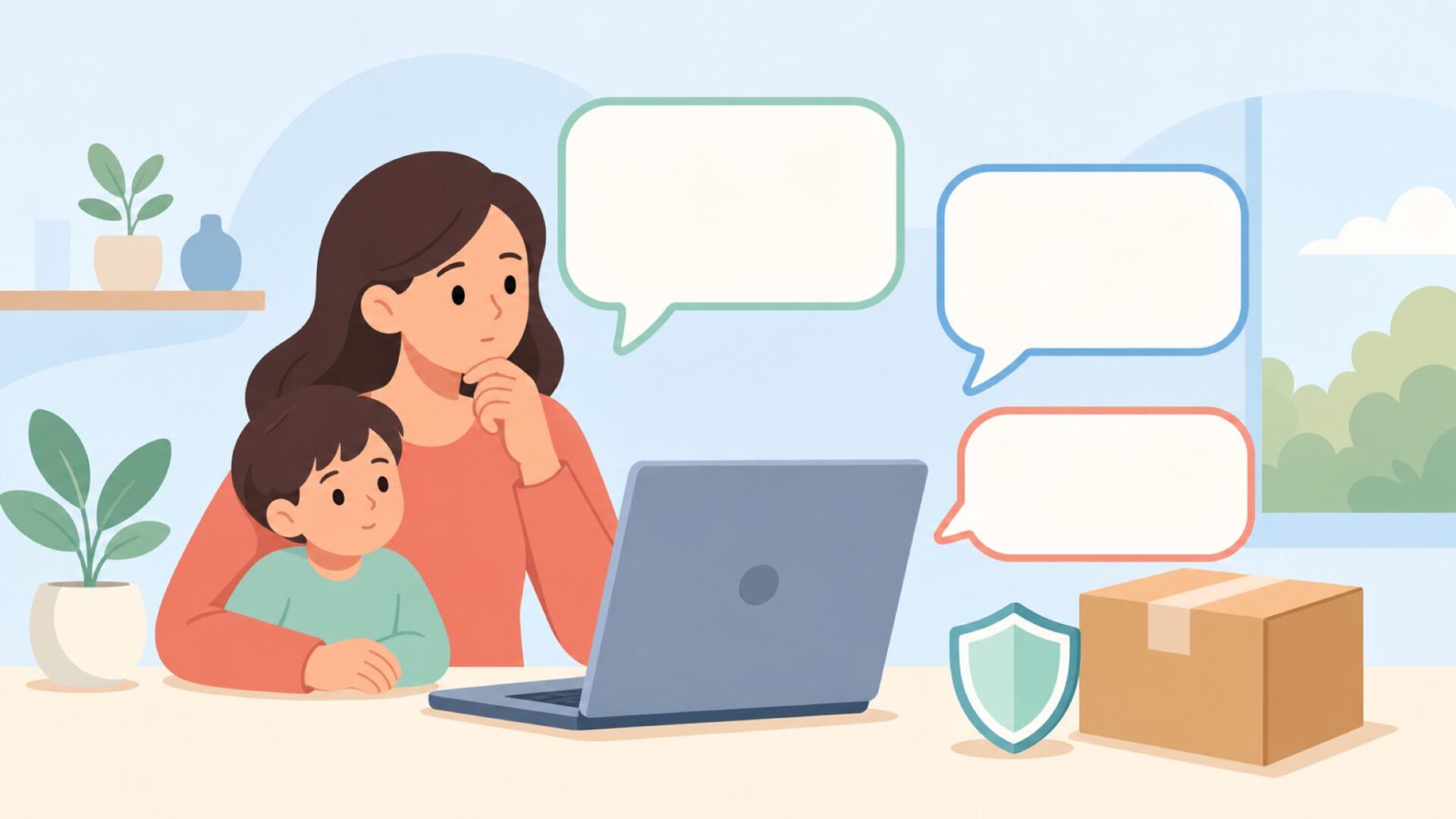 FAQを確認する保護者とヘルプ画面のイラスト