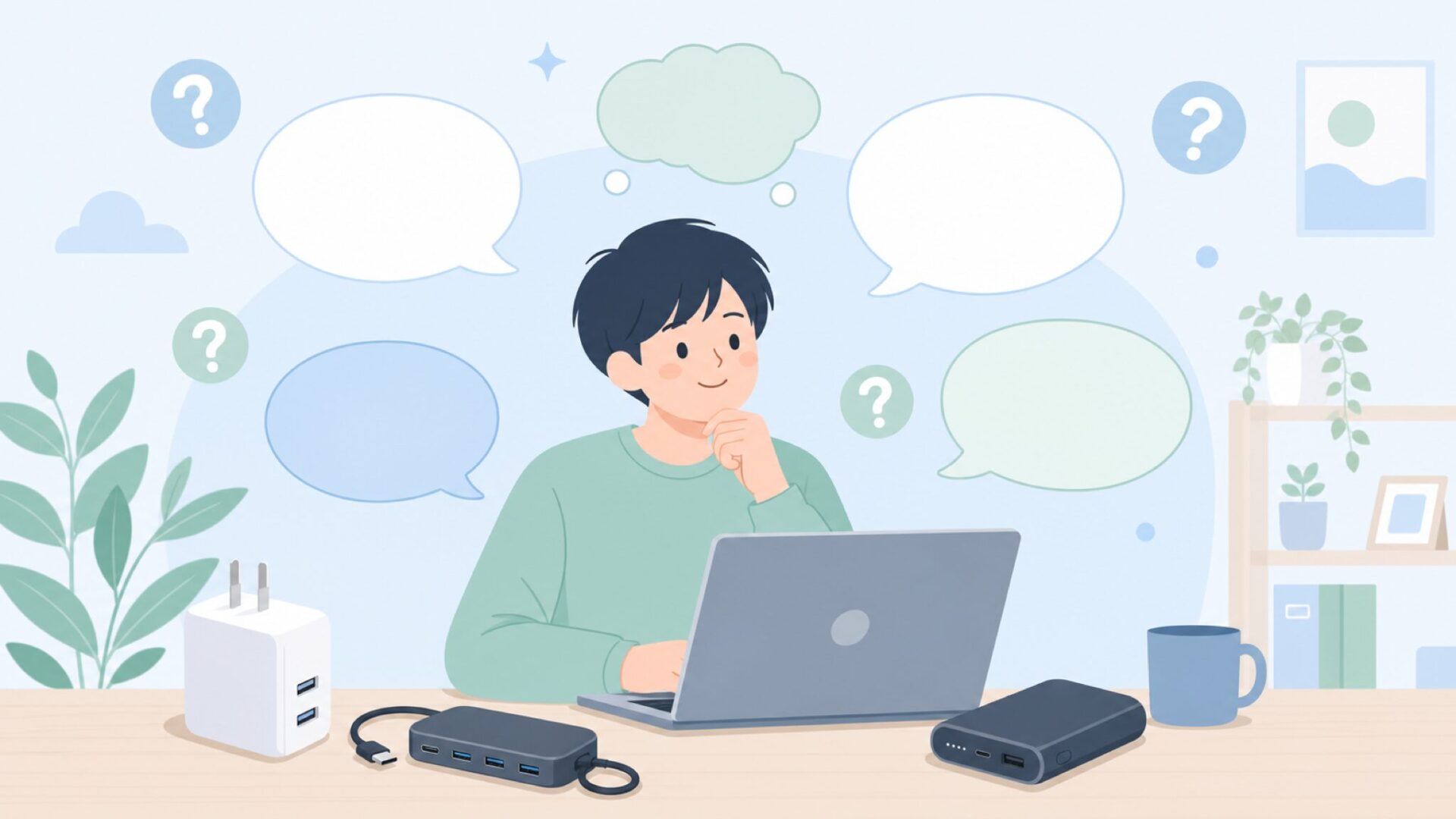 電子機器購入の疑問を解消するイラスト