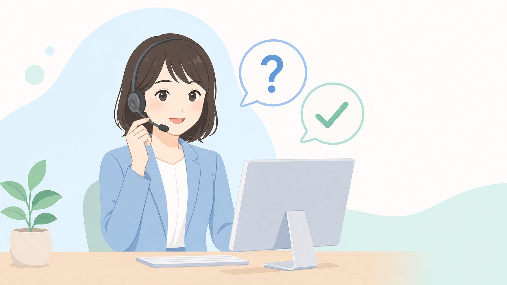 ヘッドセットを着けた女性カスタマーサポートのフラットイラスト