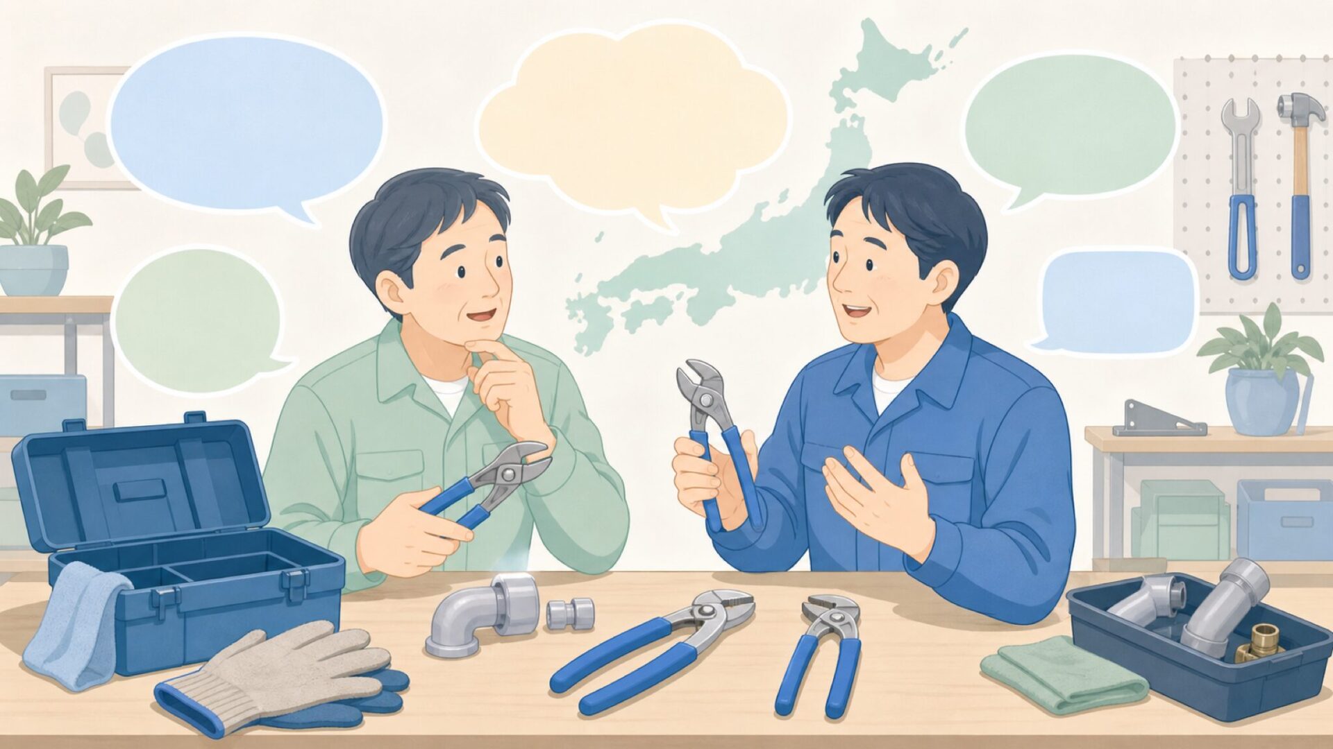 工具選びについて相談する二人のイラスト