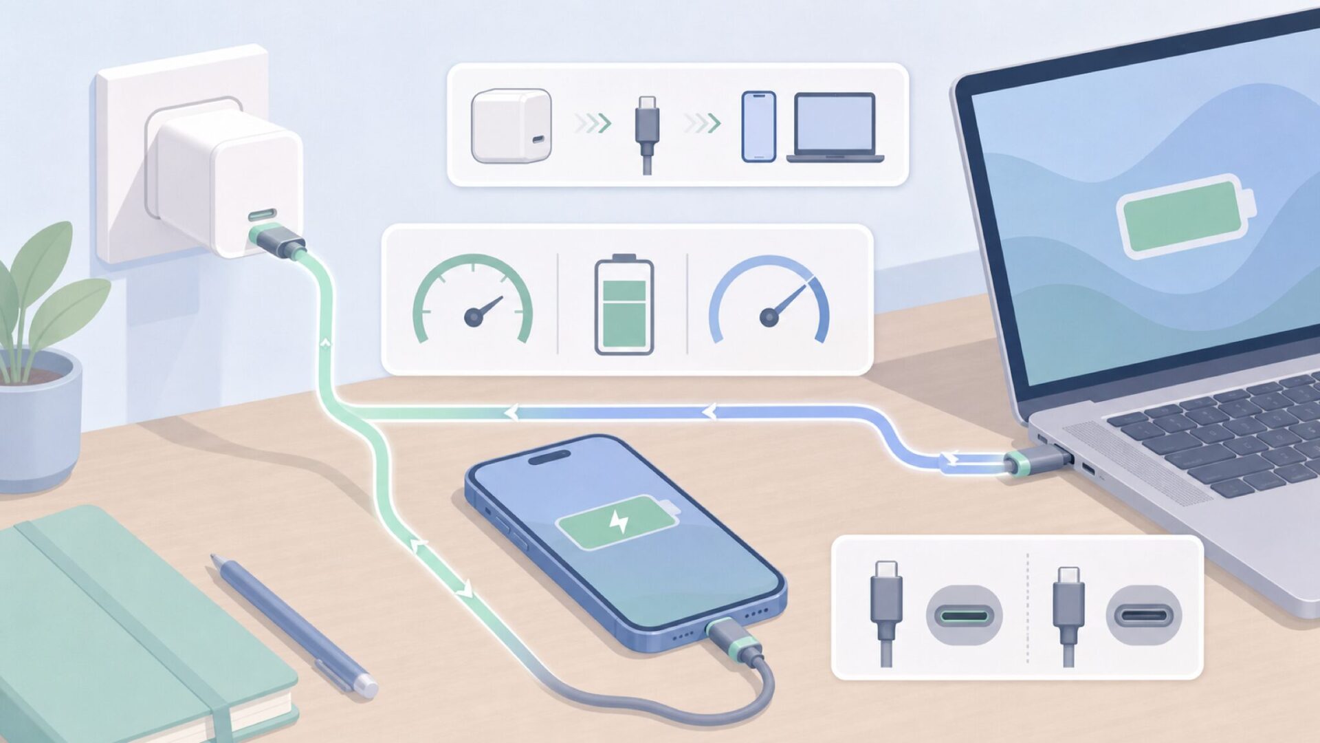 急速充電の仕組みを表すデスク風景