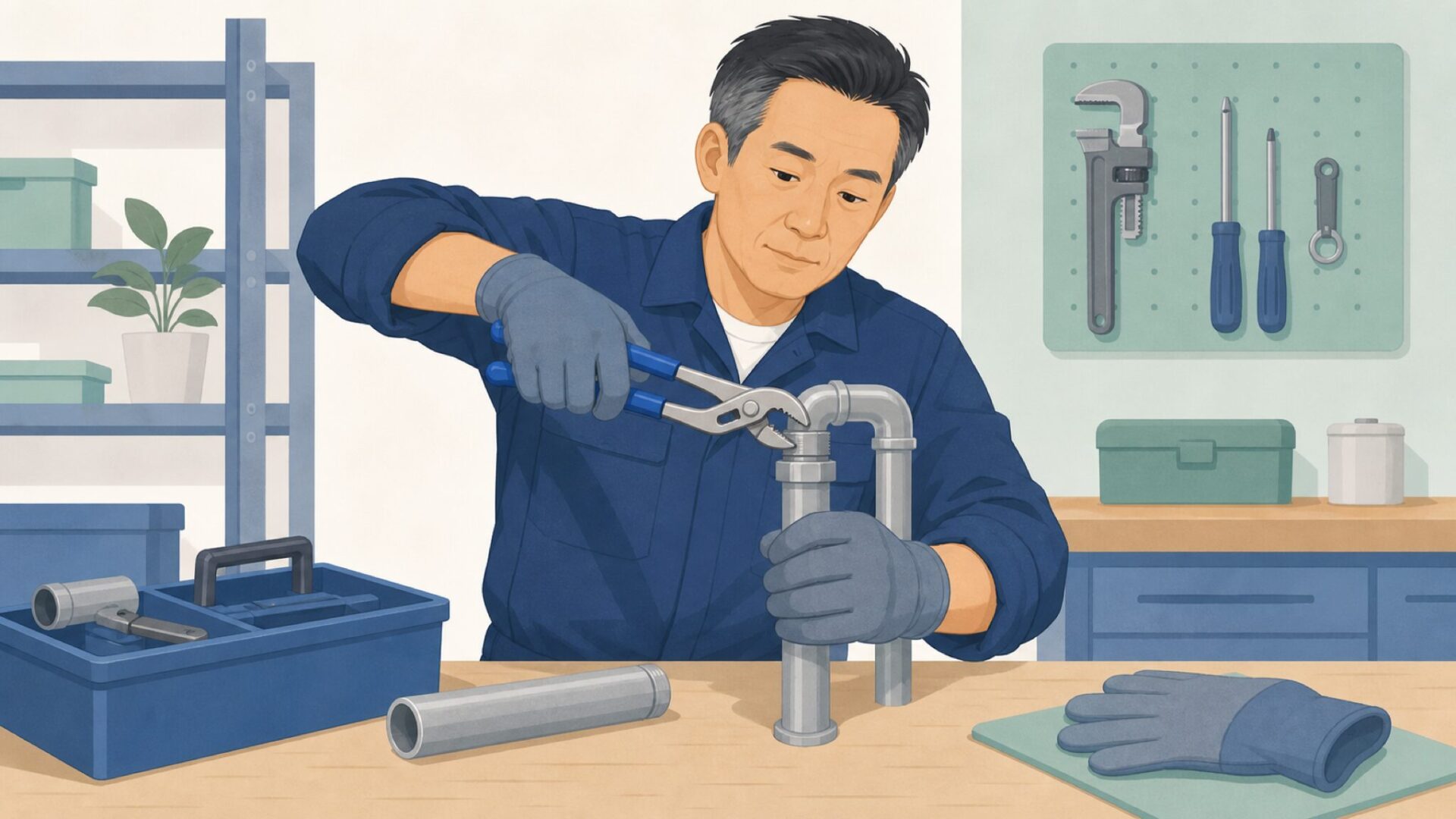 配管作業でプライヤーを使う整備士のイラスト