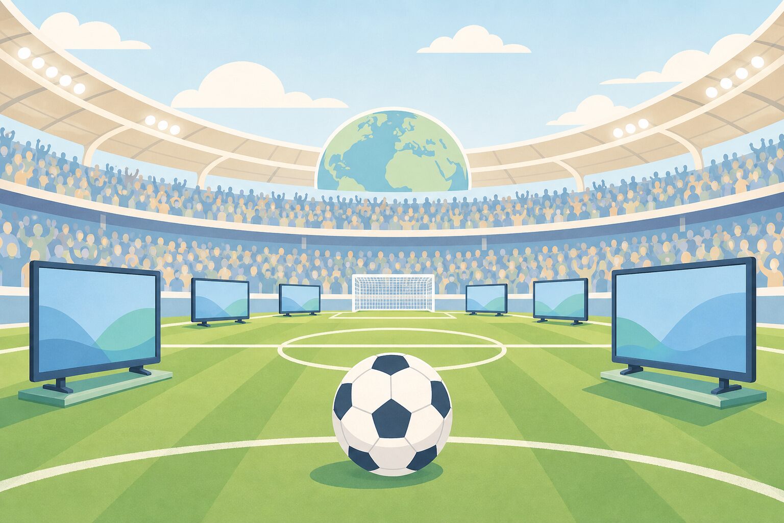 スタジアムのサッカー場とテレビ画面が並ぶグローバルイベントのイラスト