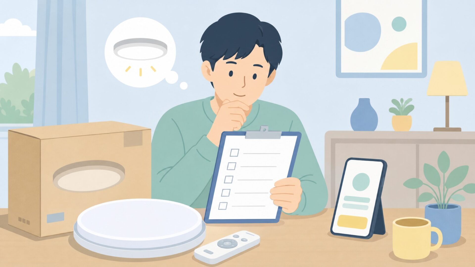 購入前にチェック項目を確認する様子