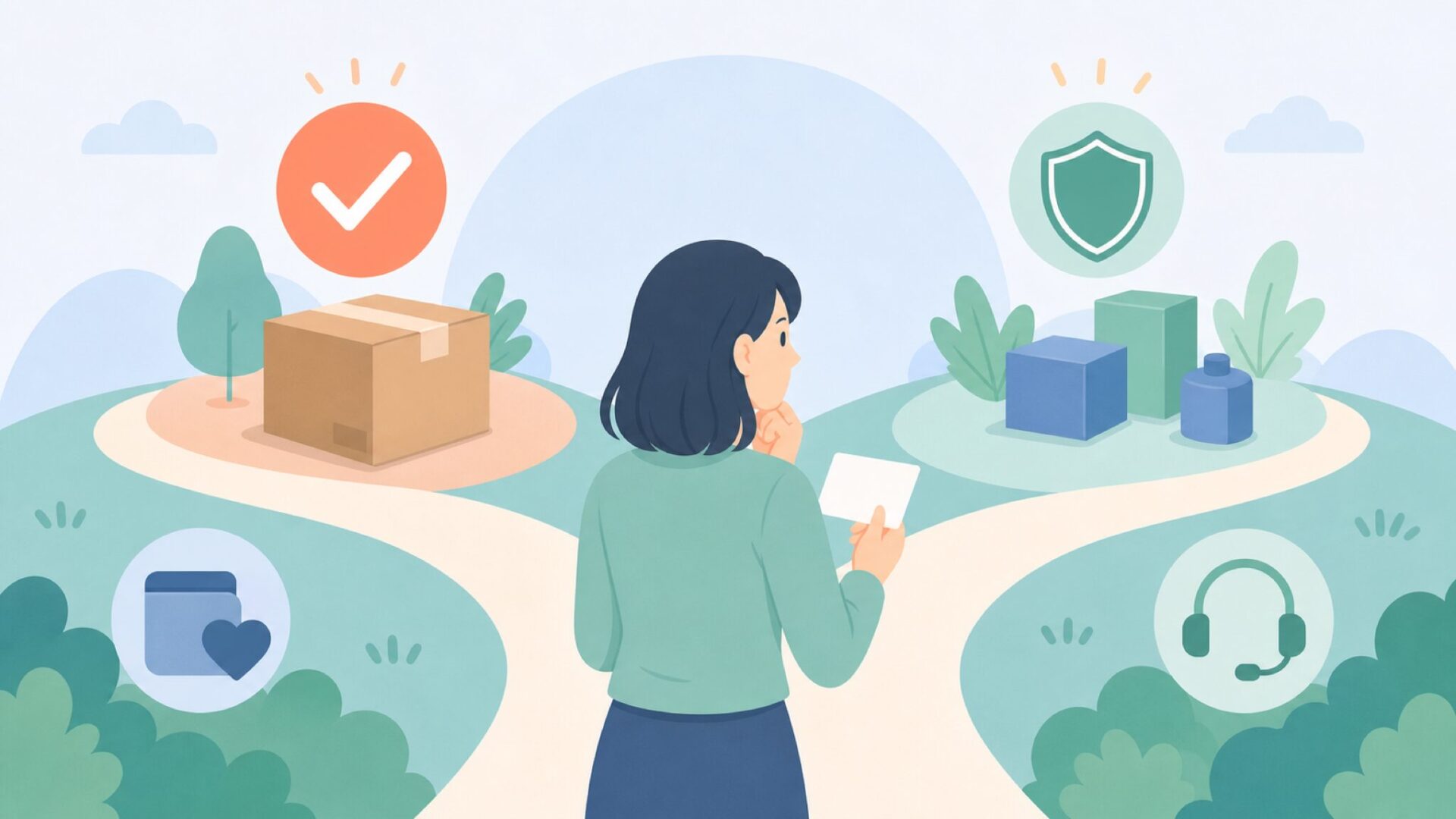 購入判断の分かれ道に立つ人物のイラスト