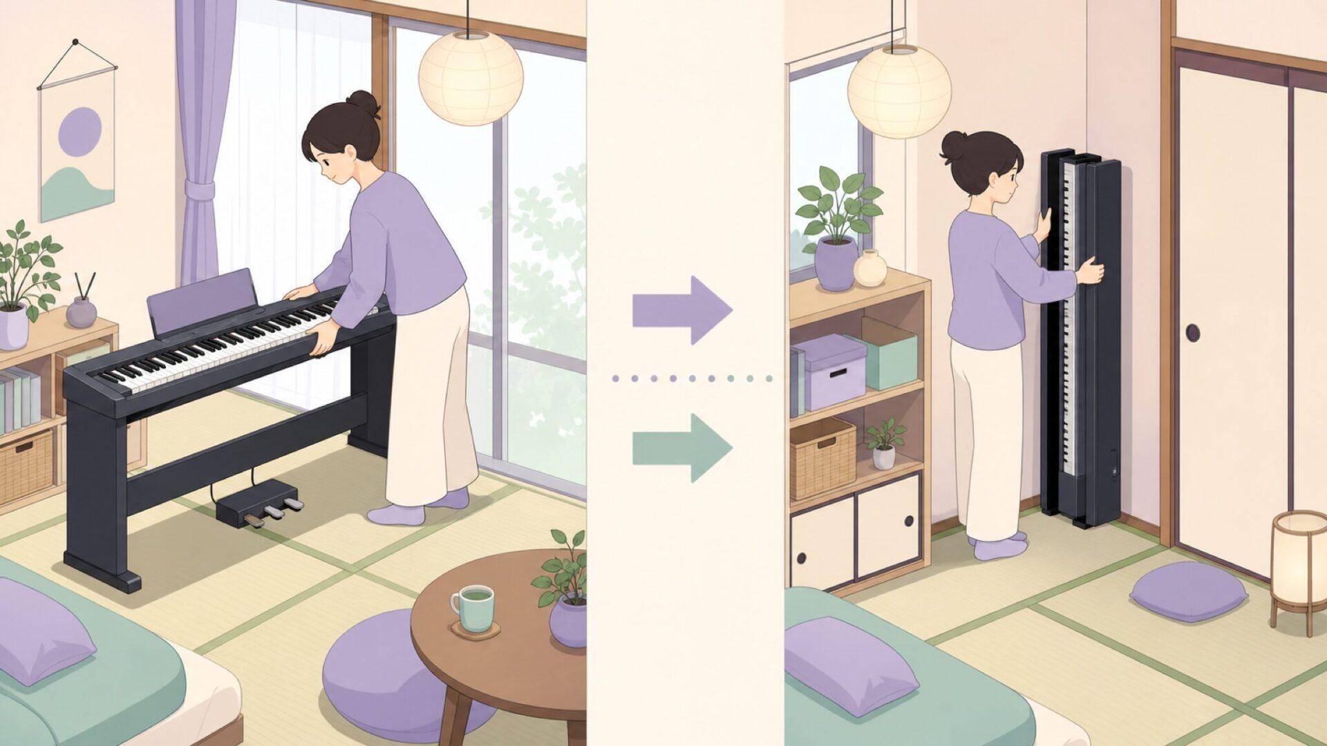 折りたたみ電子ピアノの収納イメージ図