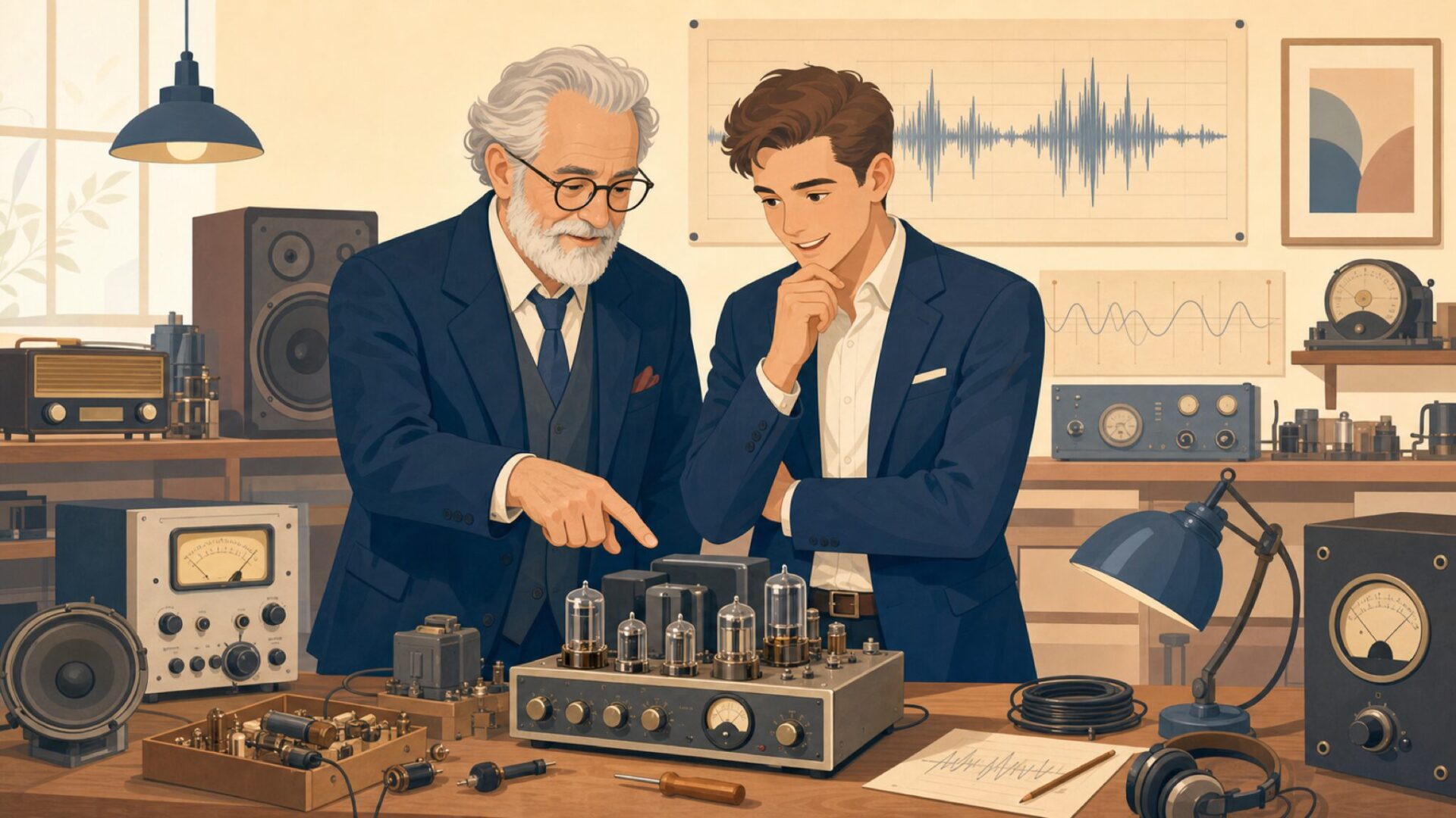 オーディオスタジオで2人の創業者が議論するイラスト