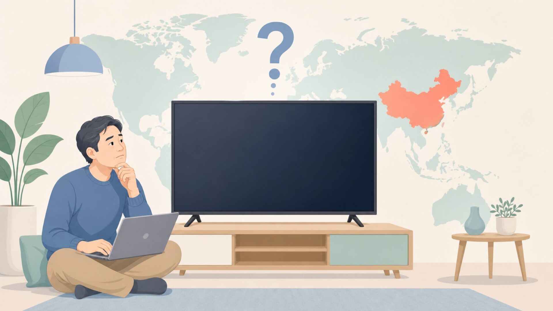 FPDブランドの国籍を調べる日本人のイラスト