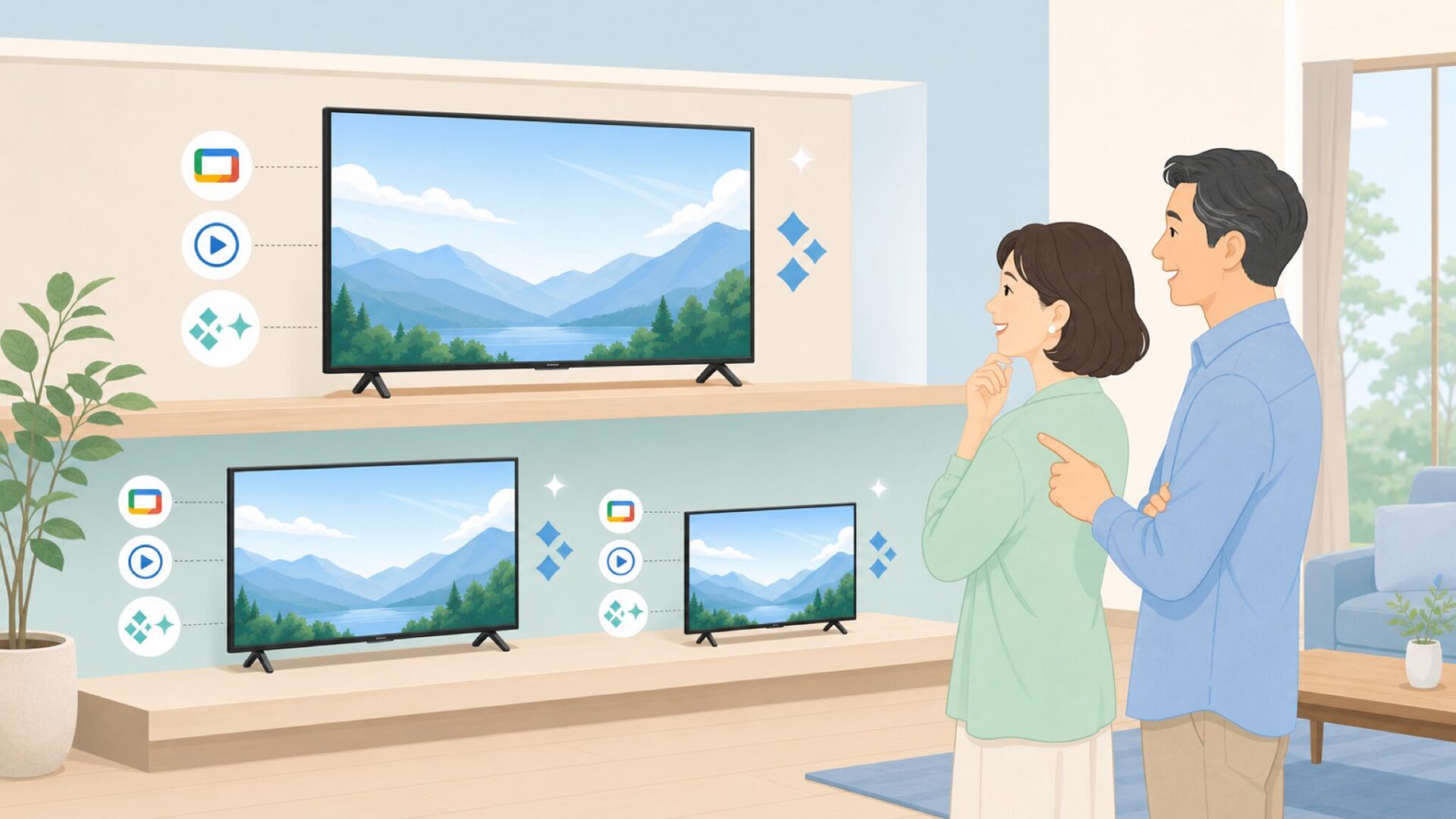 FPDテレビのラインナップを比較するカップルのイラスト