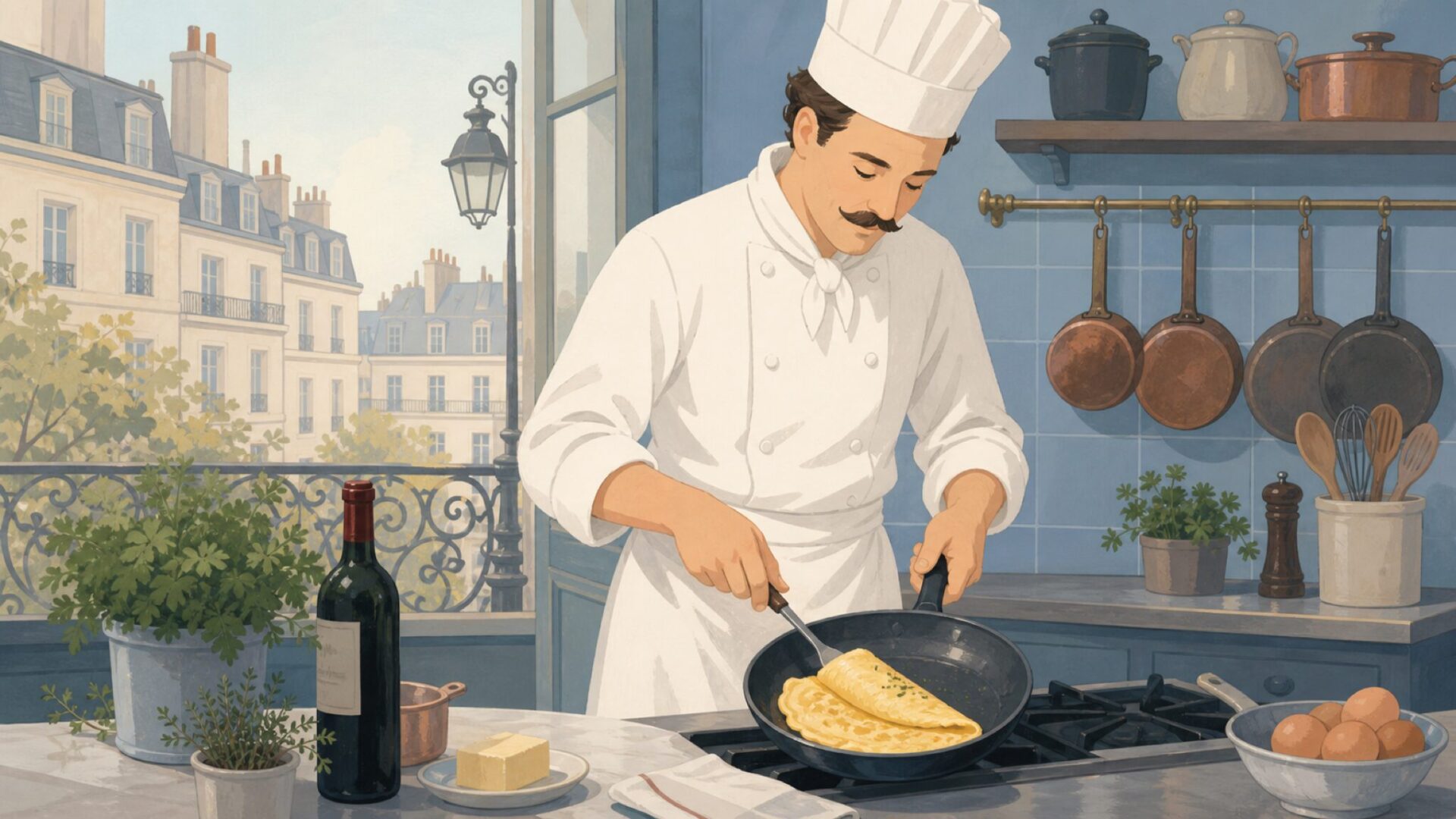 パリのビストロでフランス人シェフがオムレツを作る様子
