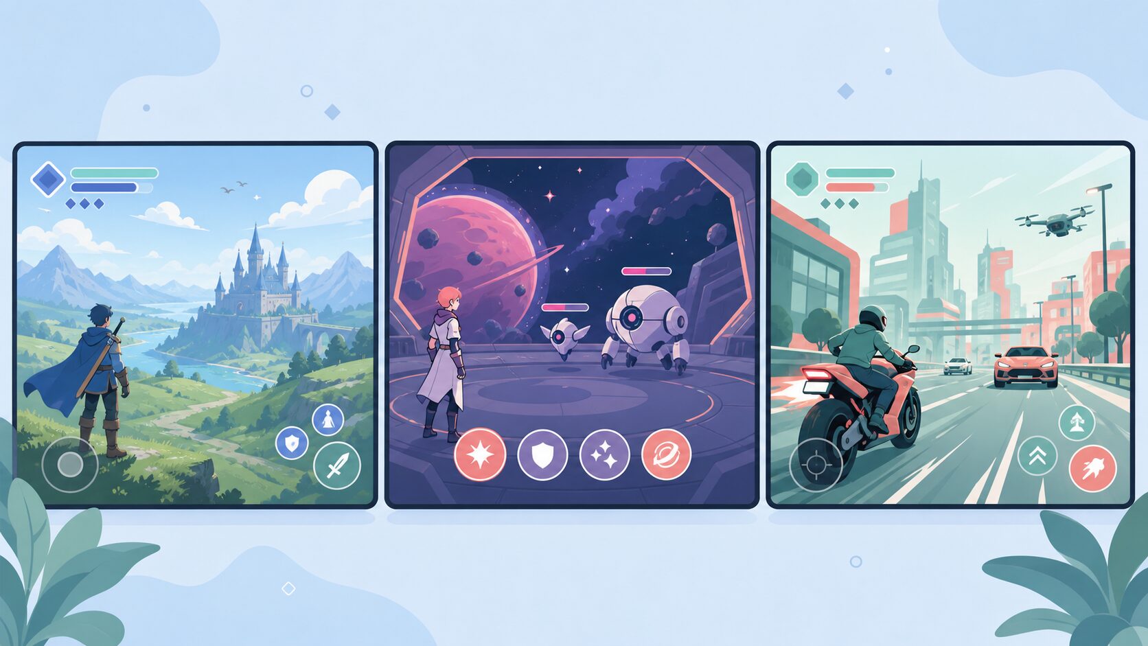 ファンタジー・宇宙・都市の3つの異なるゲーム画面を並べたイラスト