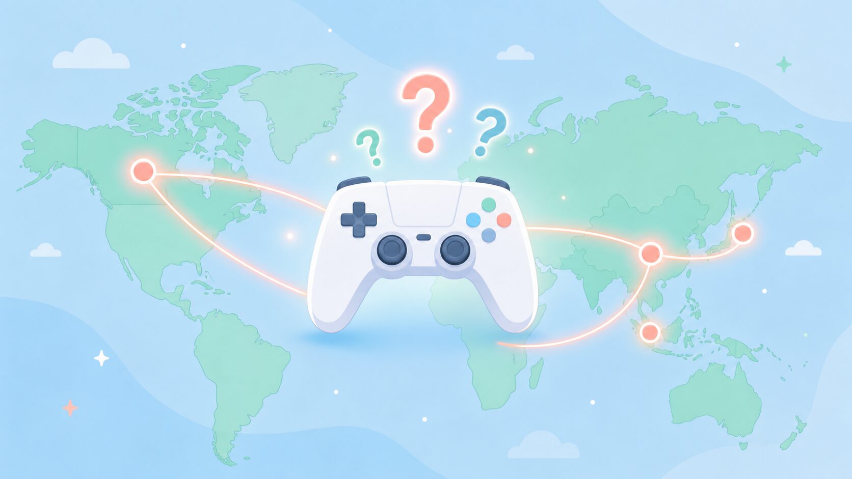 世界地図上の複数の国をつなぐゲームコントローラーのイラスト
