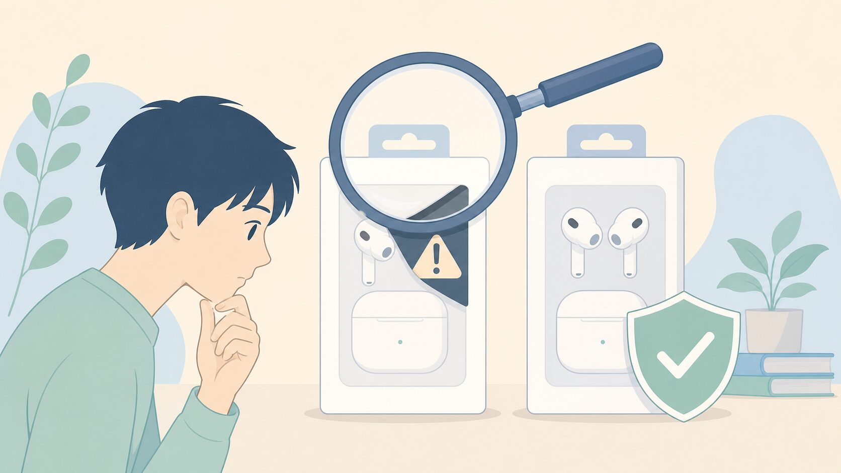 虫眼鏡で正規品と偽物を見分けるシーンのイラスト