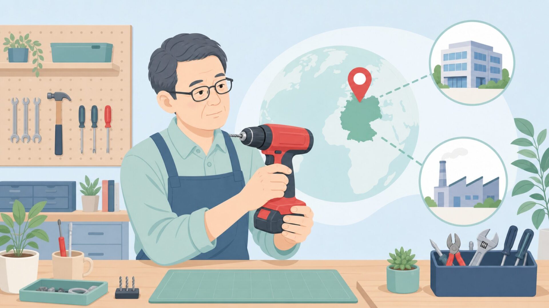 ドイツ発工具ブランドを調べる男性