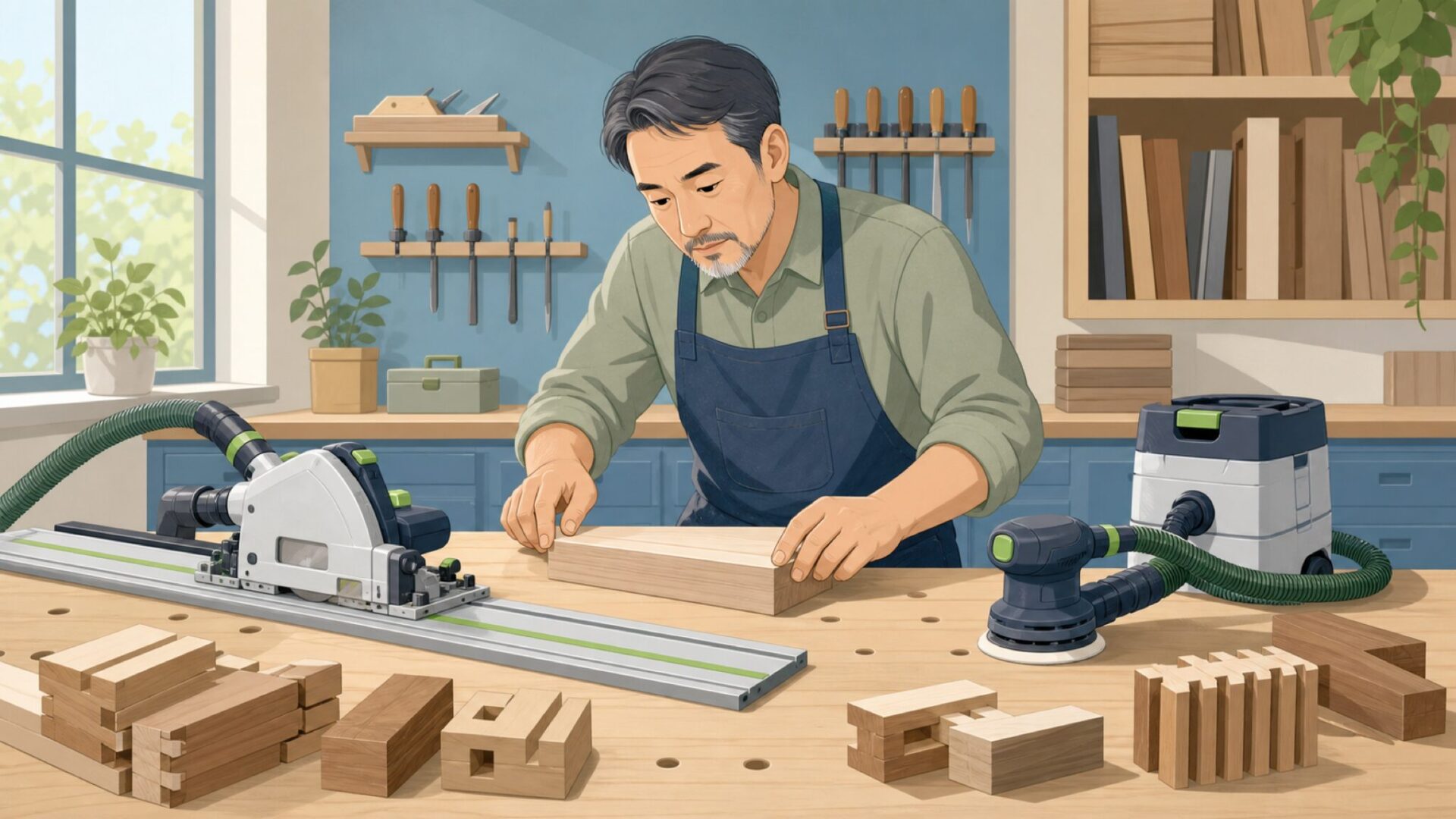 精密な木材加工を確認する職人のイラスト