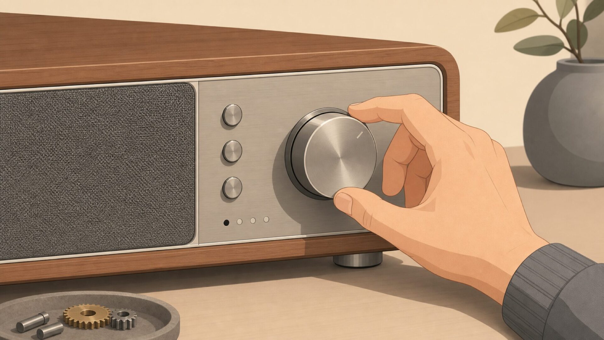 ウッドキャビネットのラジオを丁寧に操作する職人のイメージ