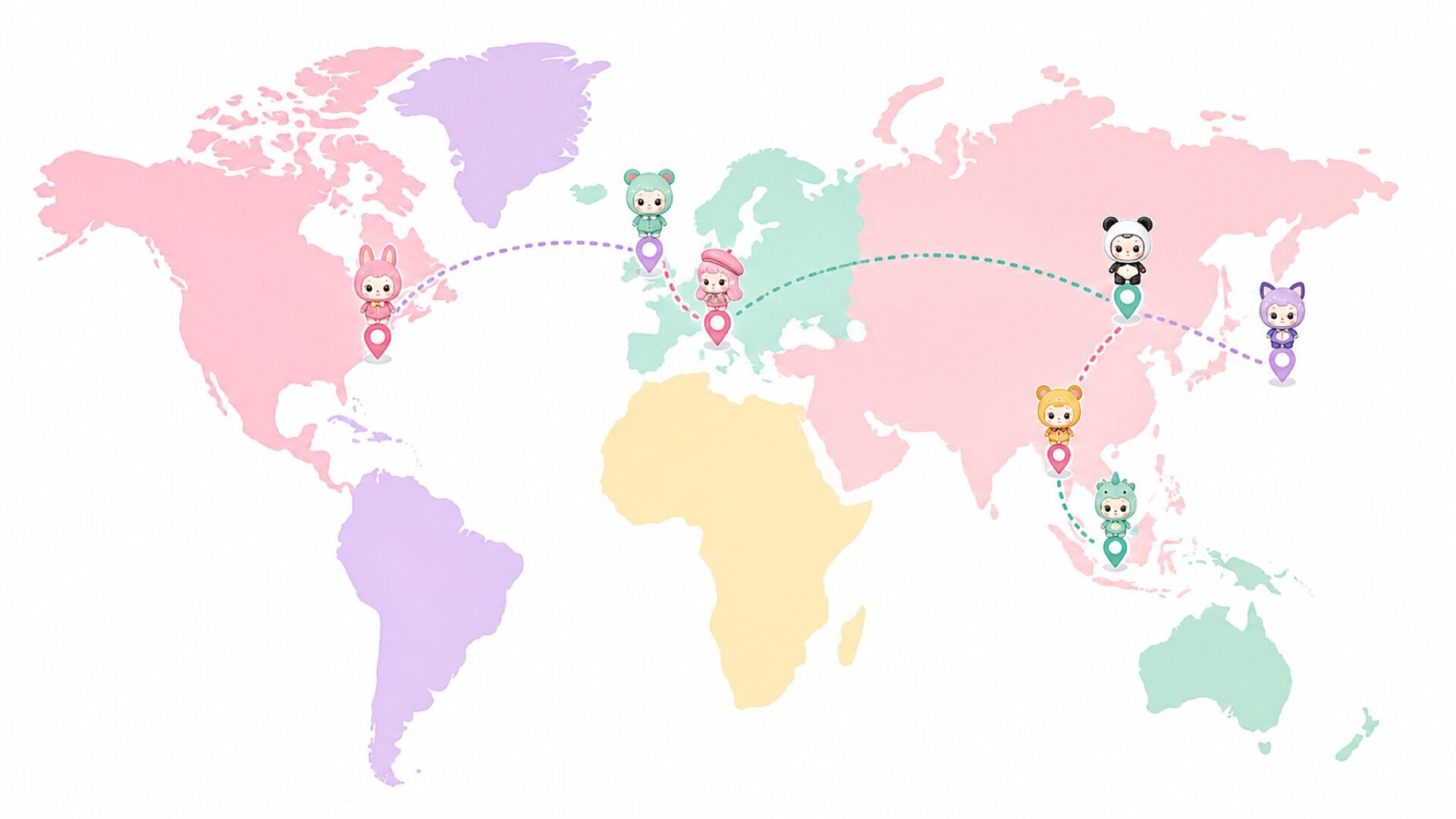 世界地図に主要都市のピンとフィギュアアイコンが並ぶイラスト