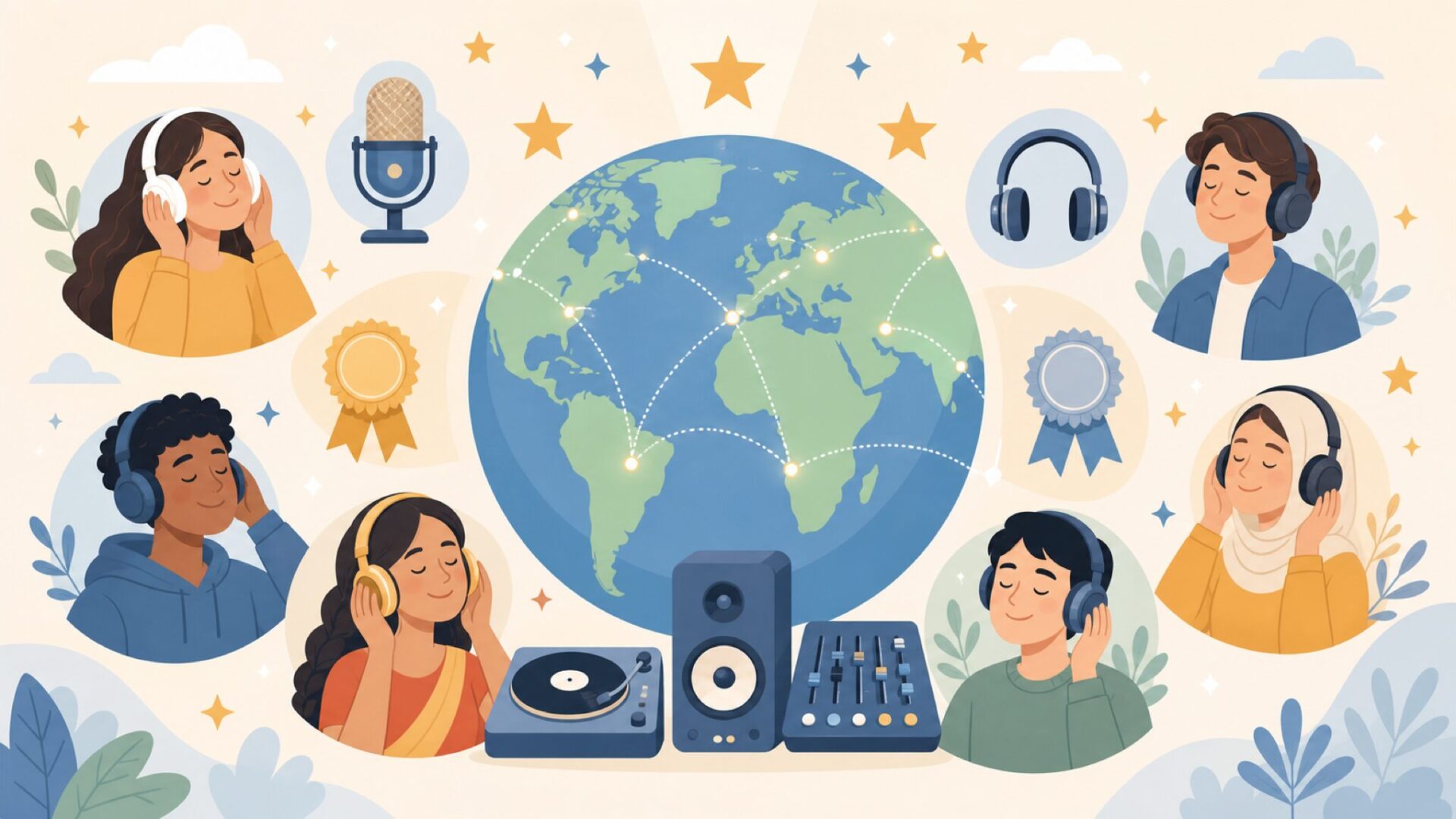 ヘッドフォンで音楽を楽しむ世界各国の人々と受賞リボンのフラットイラスト