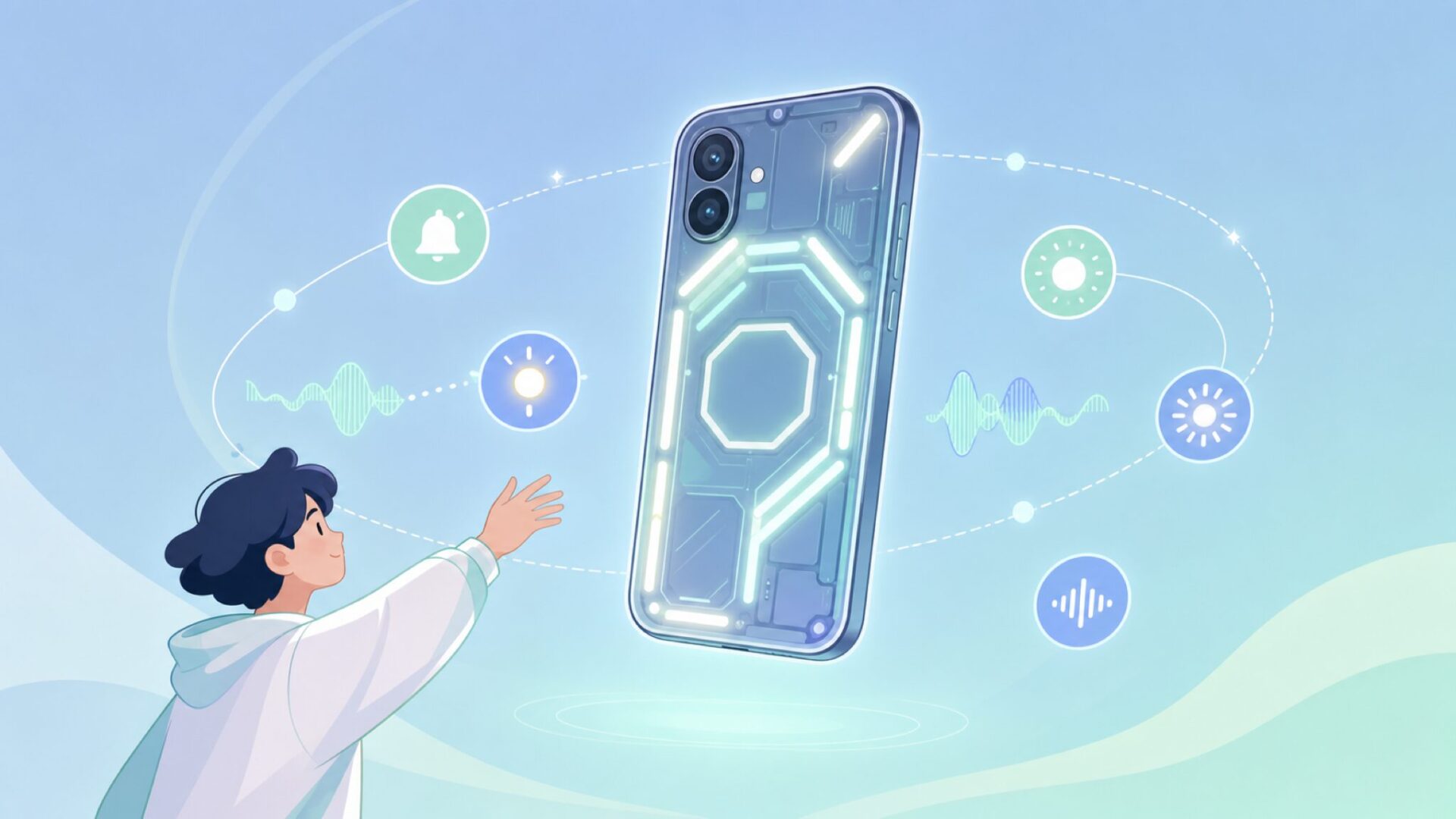 透明バックパネルに光る独自LEDインターフェースのスマホイラスト