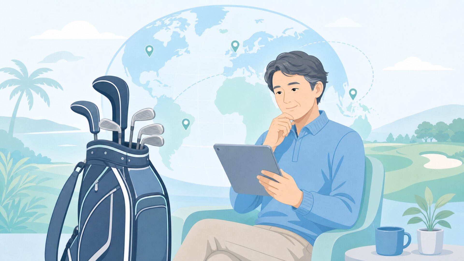 ゴルフバッグの情報を確認する人物