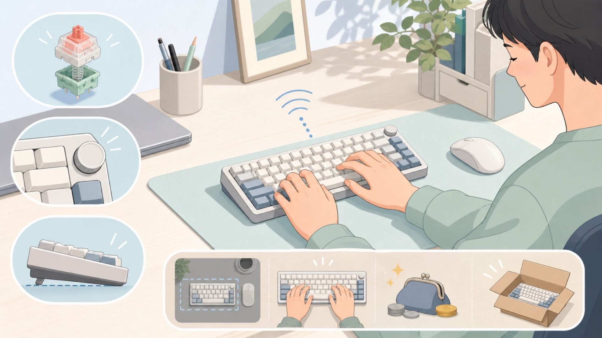 打鍵感や機能性の魅力を表すキーボードイラスト