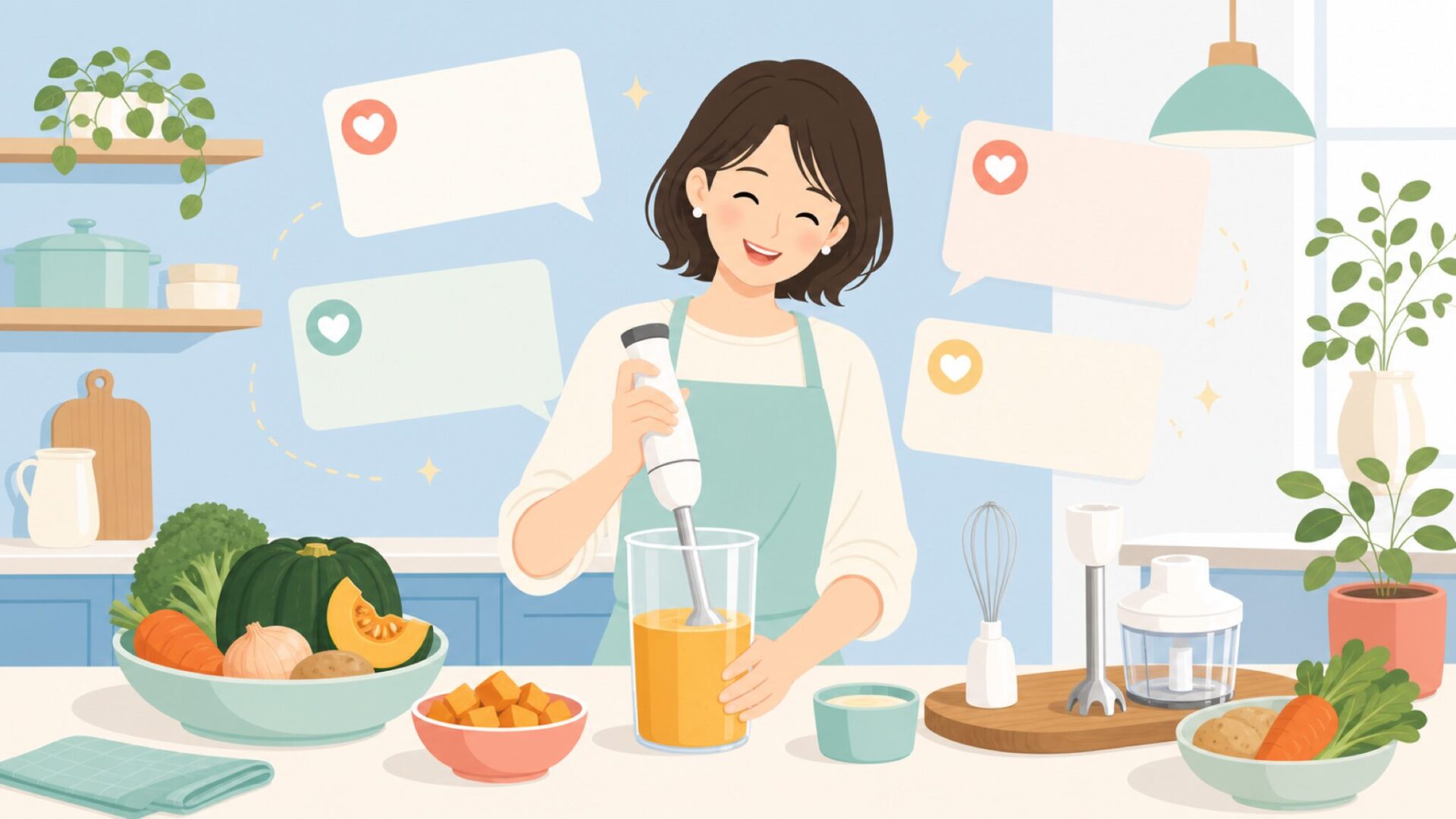 ハンドブレンダーで調理する女性