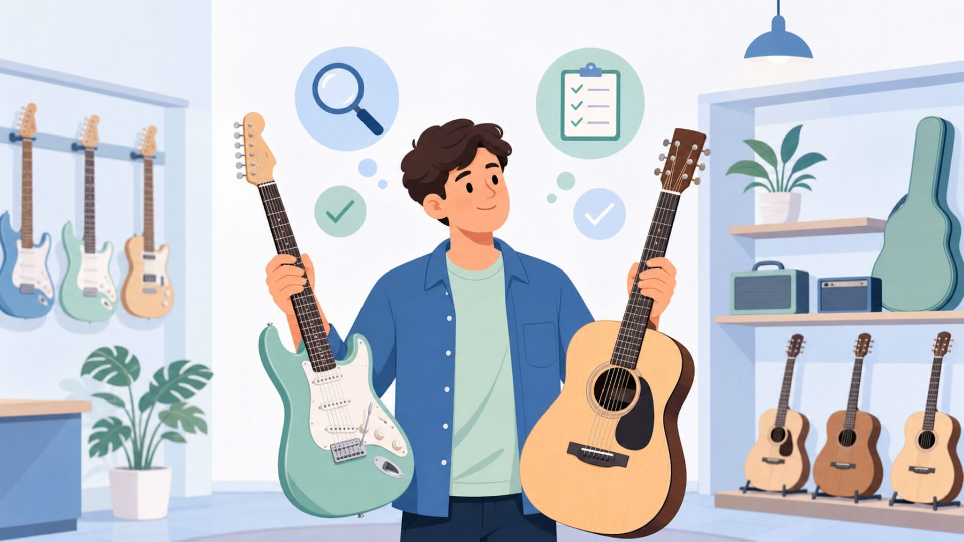 楽器店で2本のギターを手に持ち比較検討している若い男性のイラスト