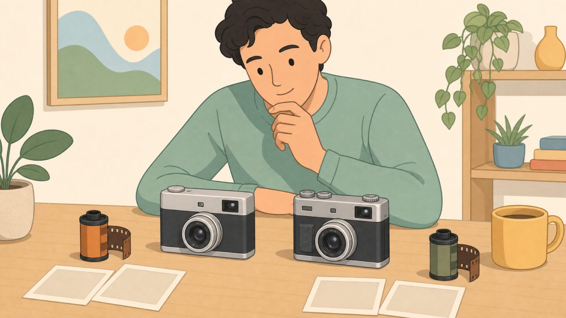 2台のフィルムカメラを比較するイラスト