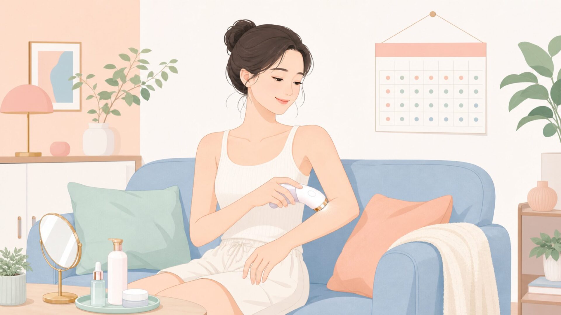 自宅のソファで脱毛器を使う30代女性のイラスト