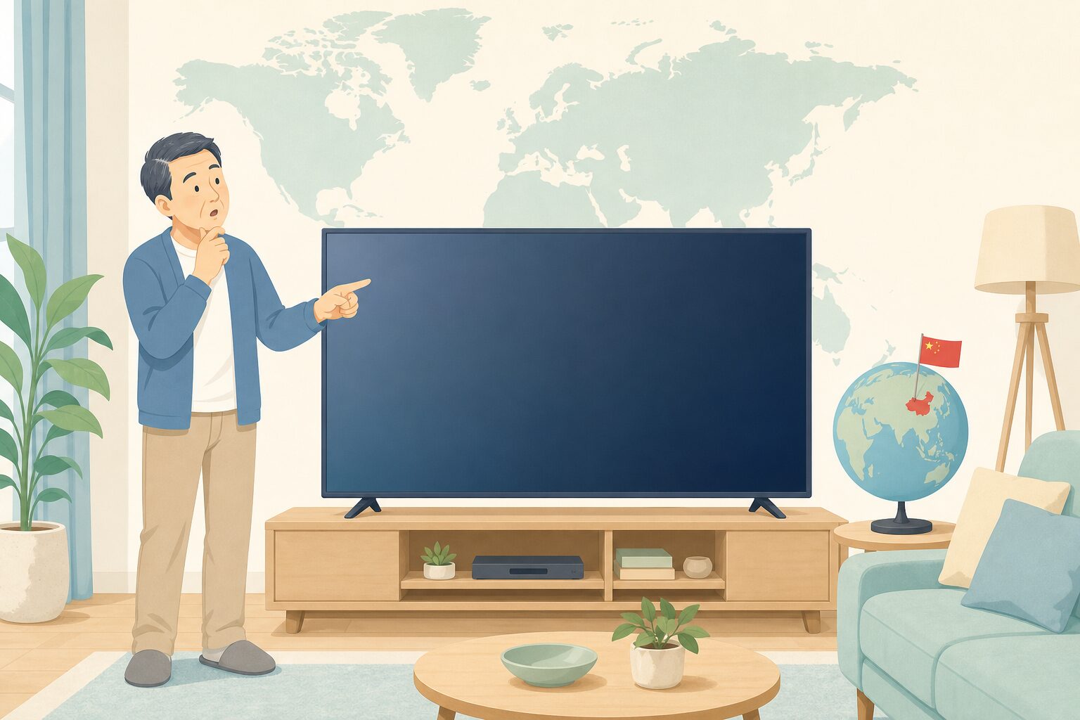 中国・青島を示す地球儀とテレビを眺める男性のイラスト