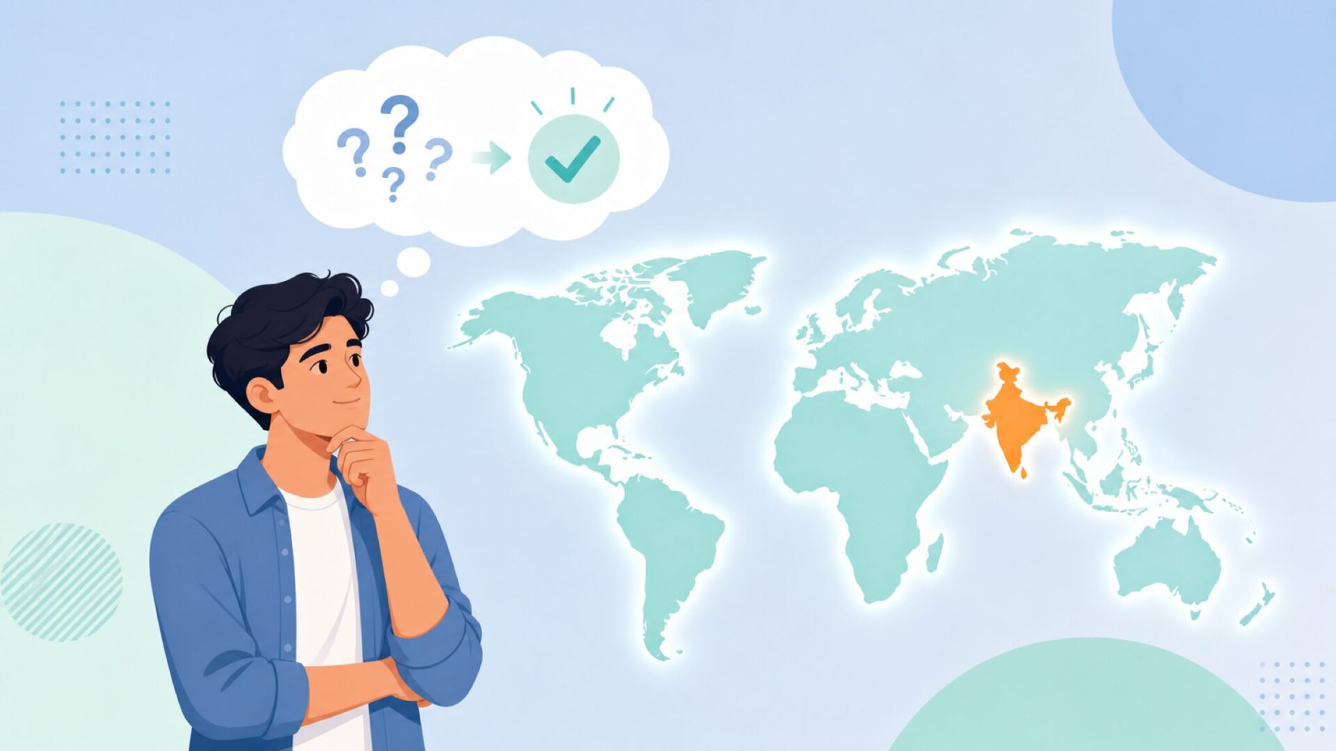 インド地図を背景にOakter Audioのブランド起源を調べる男性のフラットイラスト