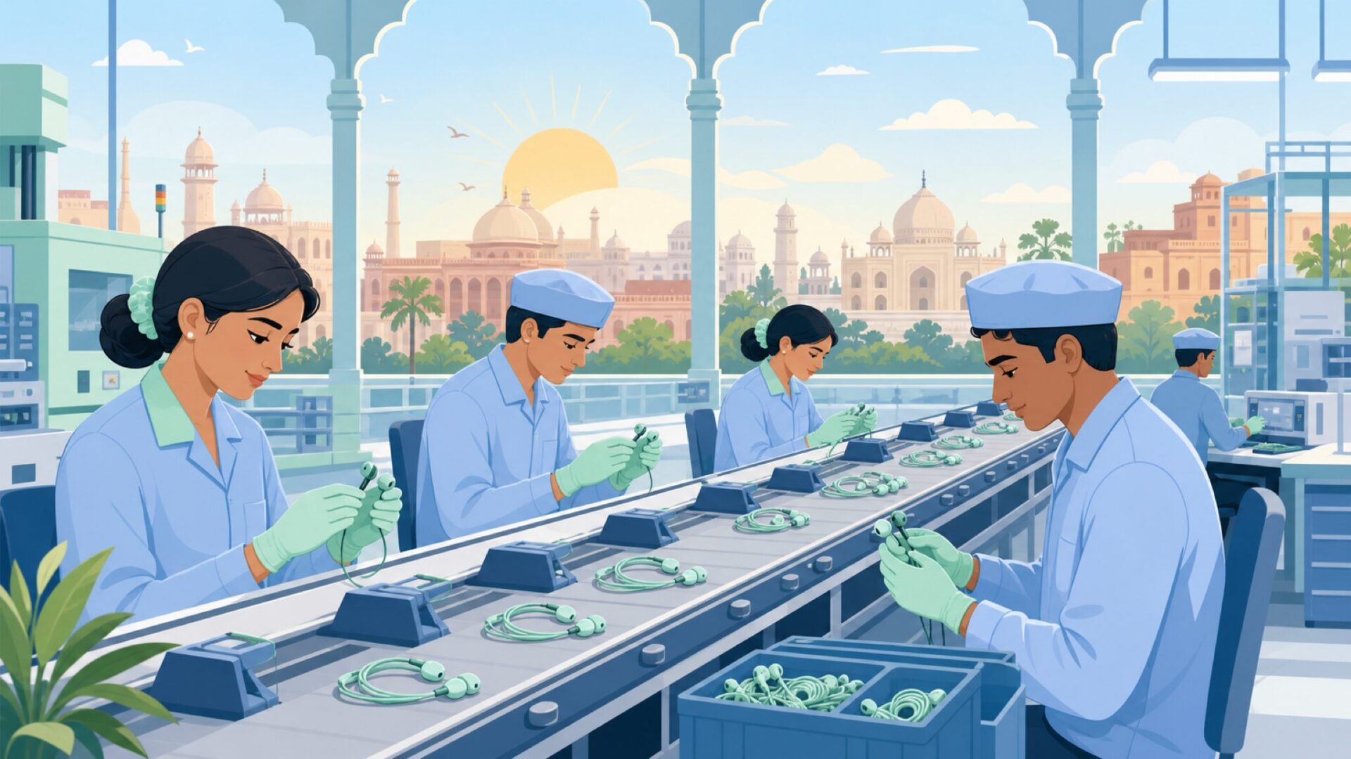 インドの工場でイヤホン品質検査を行う作業員たちのフラットイラスト