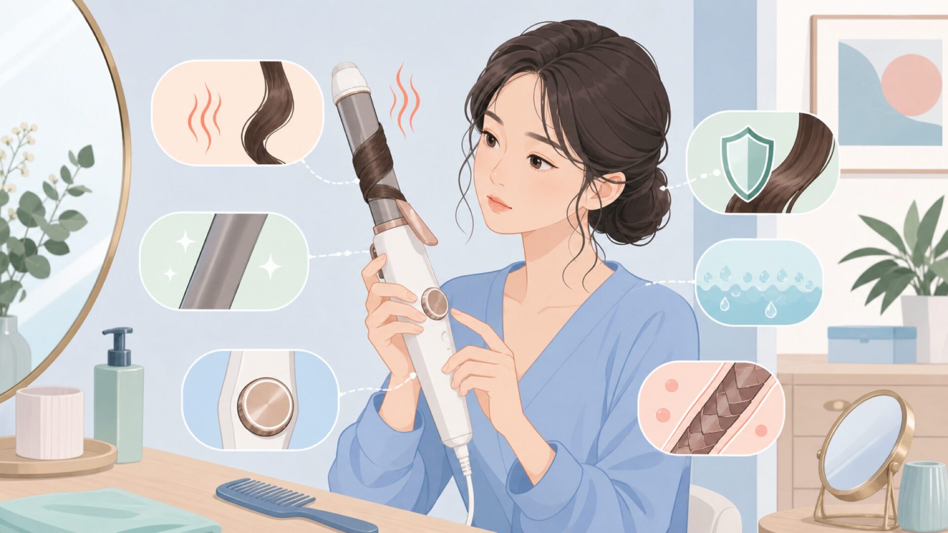 コテの性能と髪への負担を確認する女性
