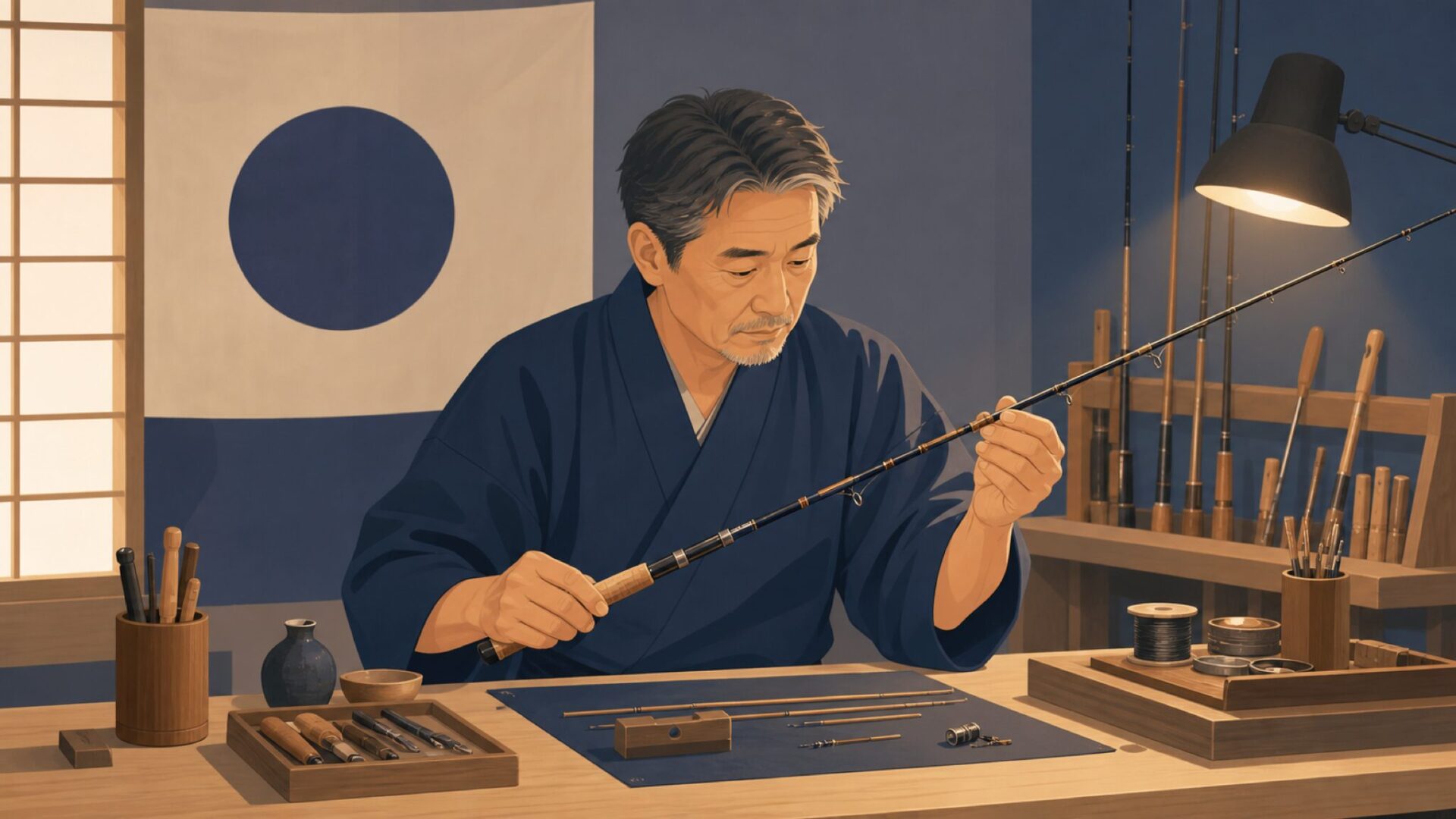 日本の老舗釣具工房でロッドを丁寧に検品する職人のイラスト