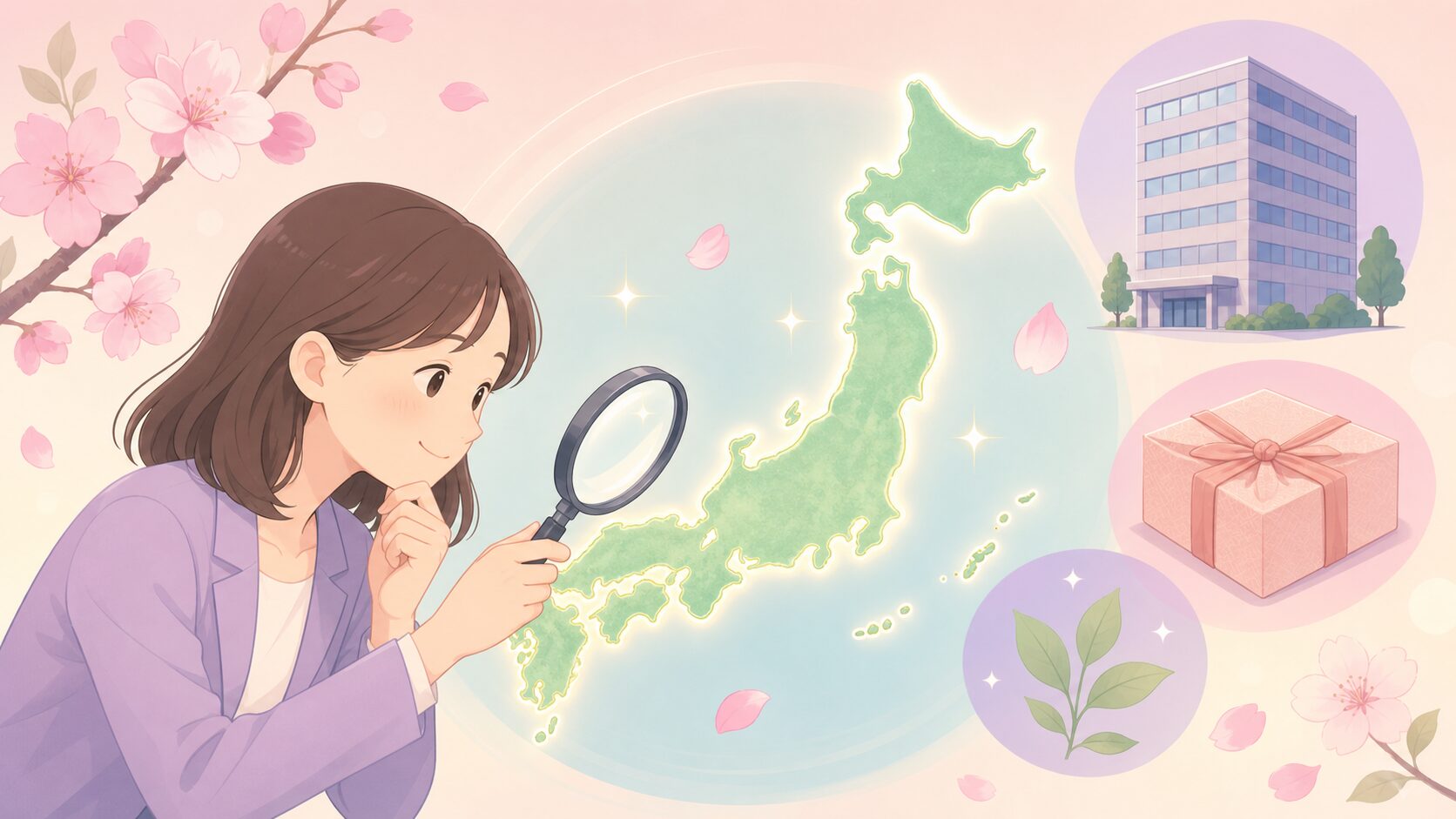 日本地図と企業アイコンを背景に女性が虫眼鏡でブランドを調べているイラスト