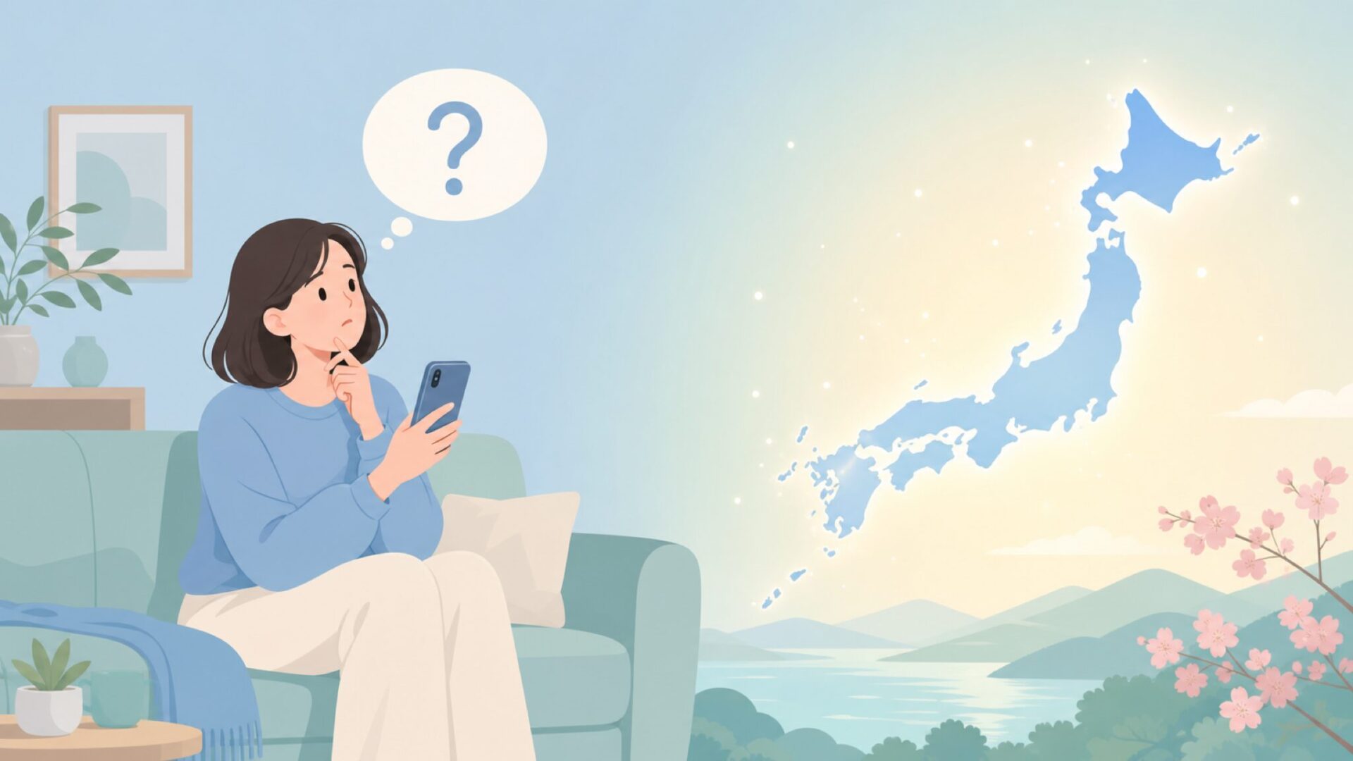 スマートフォンでブランド調査する女性と日本地図のイラスト