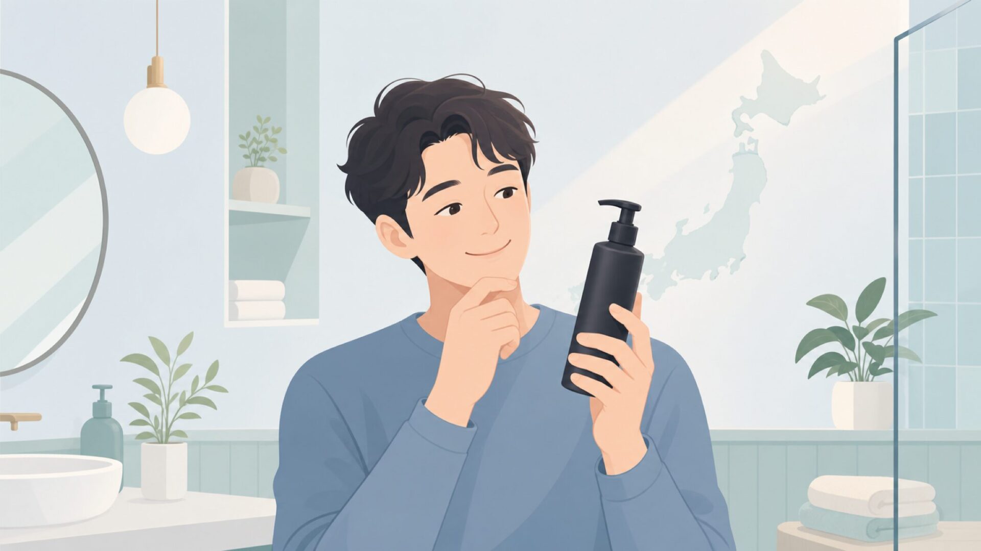 NILEシャンプーが日本ブランドだと知って安堵する男性のイラスト