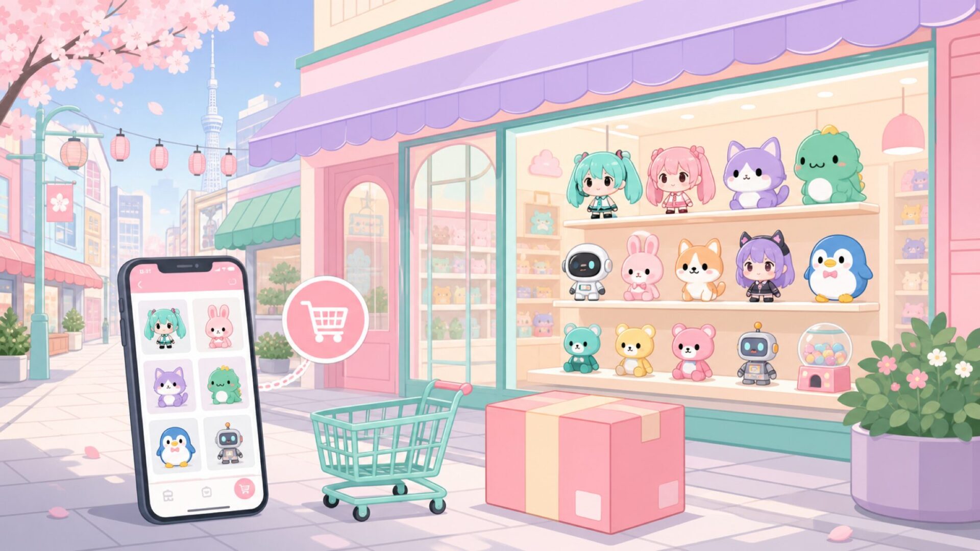 日本のショッピング街とオンライン購入をイメージしたイラスト