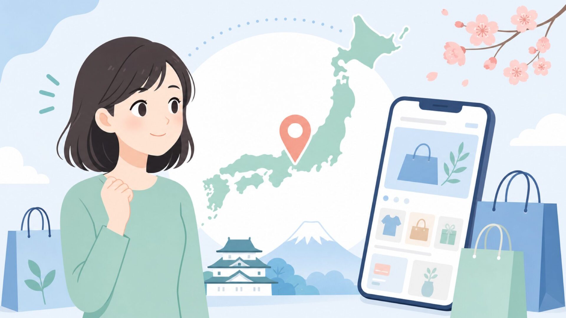 日本地図と買い物バッグを持つ女性のフラットイラスト
