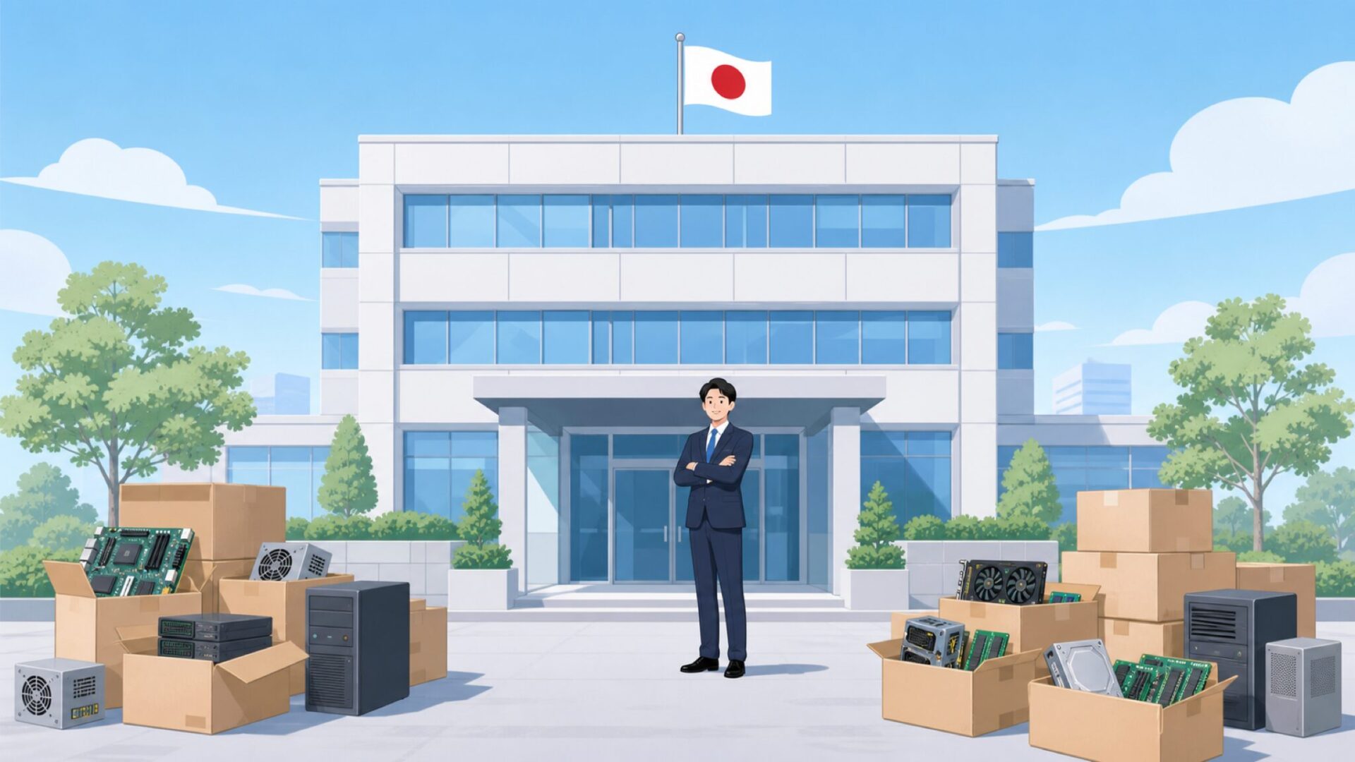 日本企業のビルと笑顔のビジネスマンのフラットイラスト