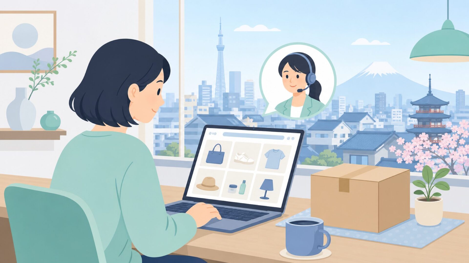 日本でのオンライン購入とサポート体制を示すイラスト