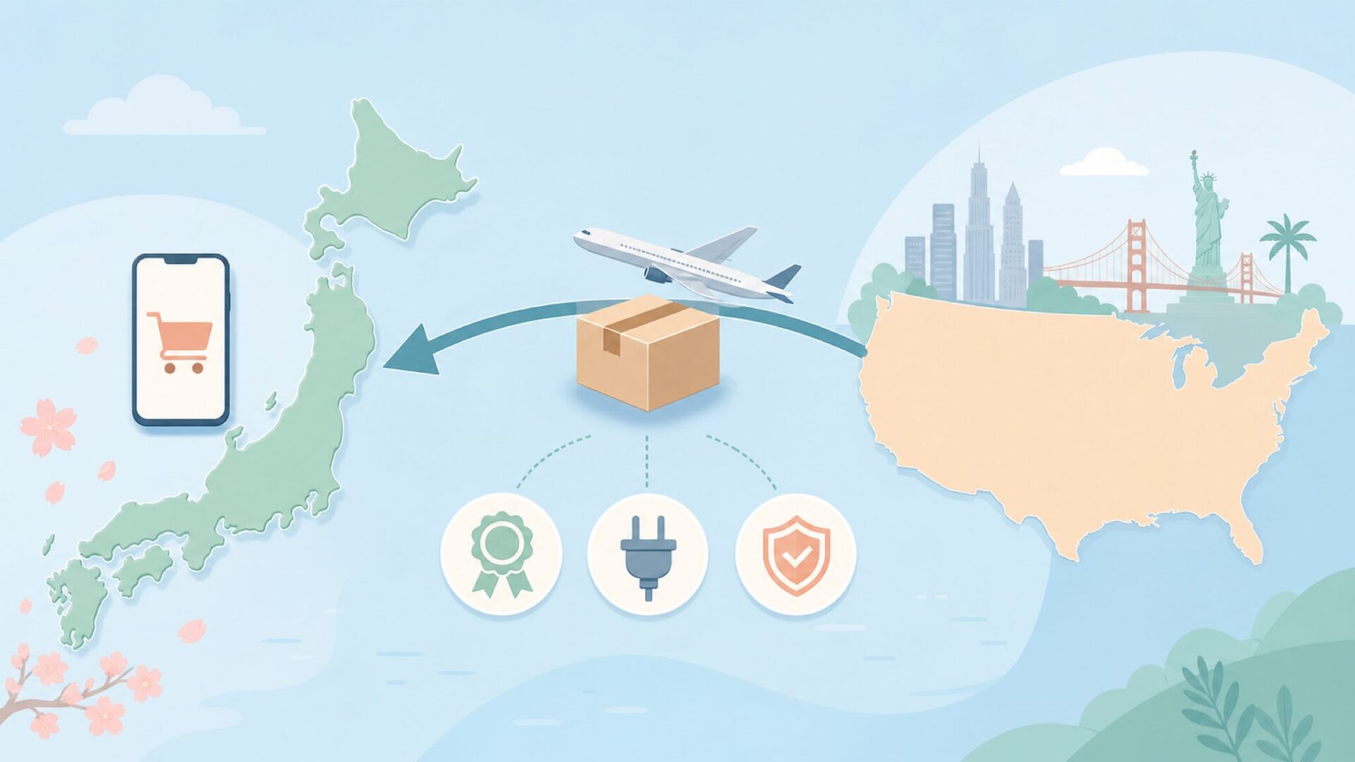 アメリカから日本へ並行輸入される購入ルートを示すイラスト