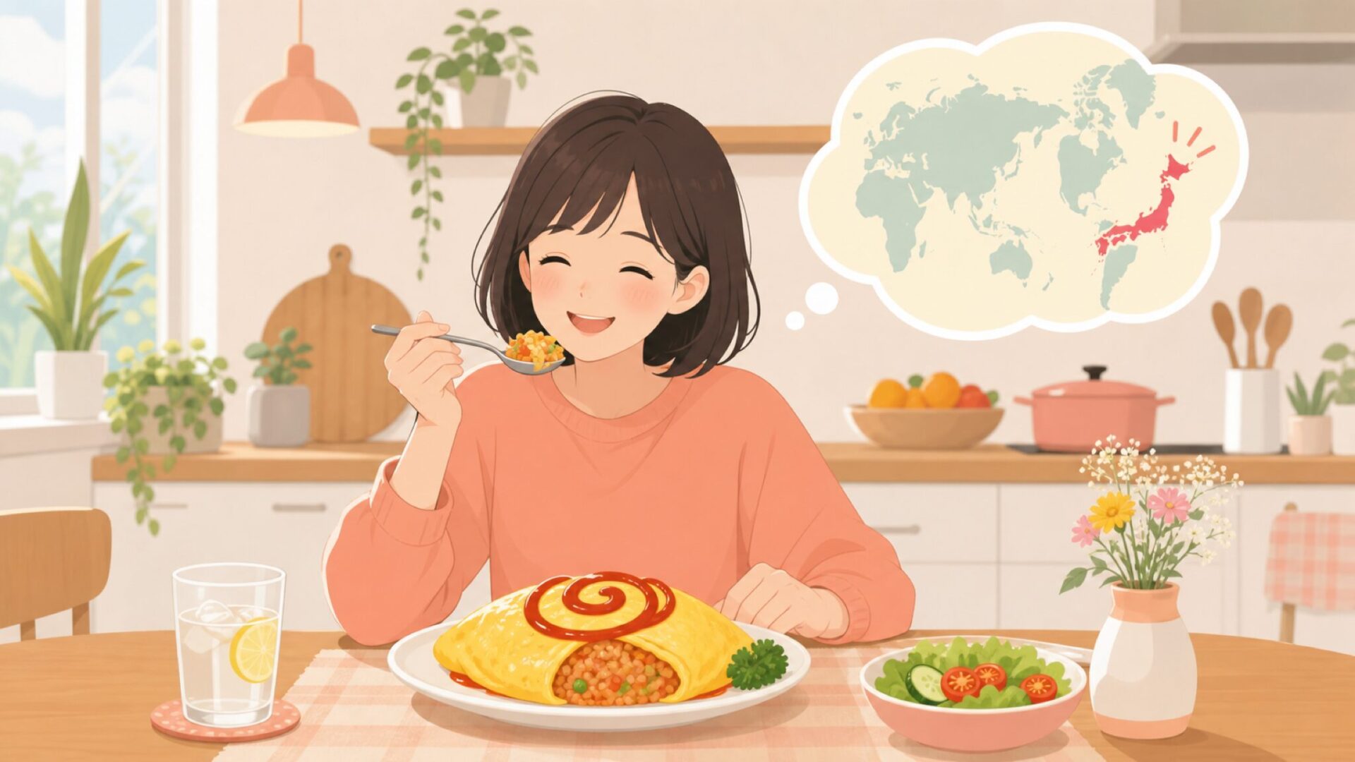 日本人がオムライスを食べながら発祥国を考えている様子