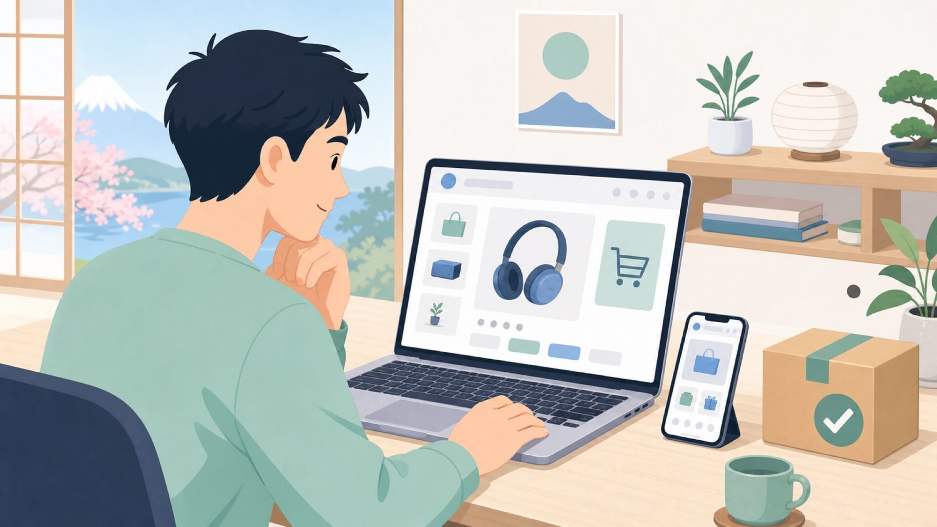 国内ECで安全に購入する様子のイラスト