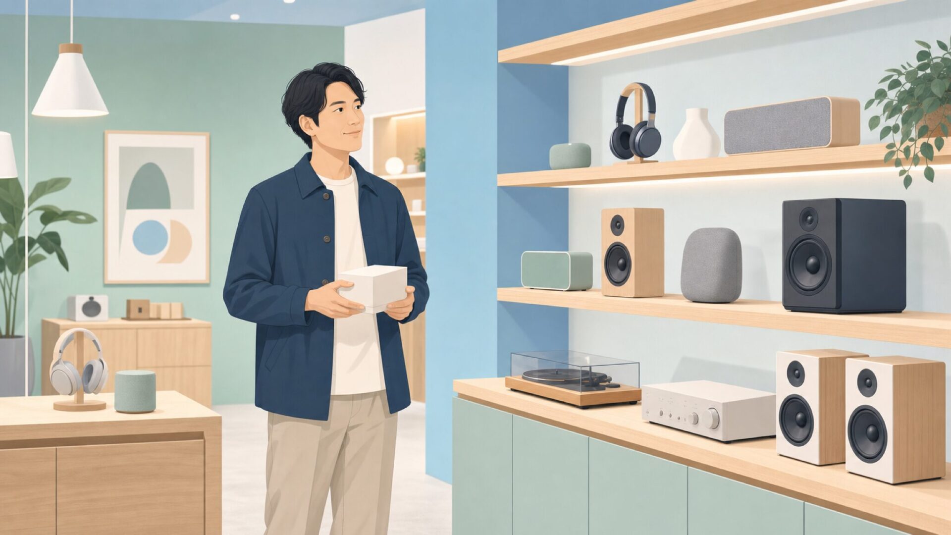 北欧スタイルの店舗でオーディオ製品を確認する30代の人物